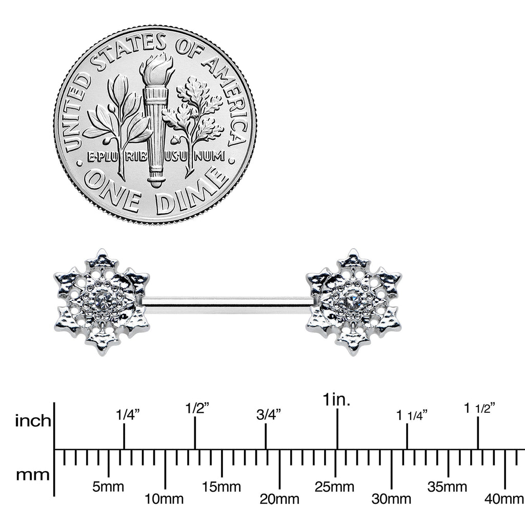 BodyCandy 14G 9/16 Clear Gem Filigree Winter Snowflake Nipple Ring Set — lifestyle context
