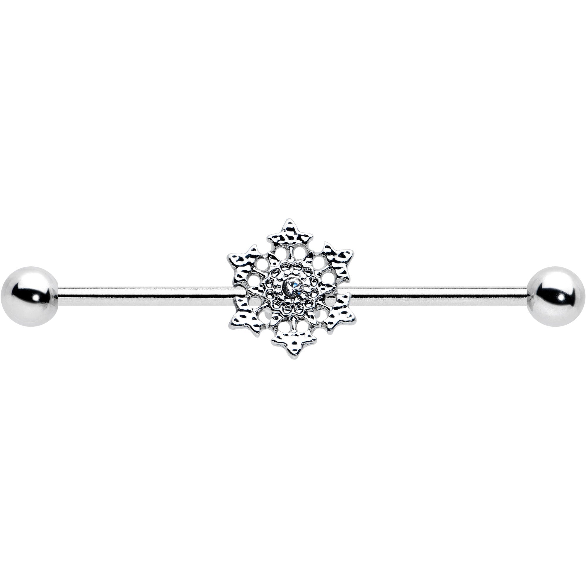 BodyCandy 14G Clear Gem Filigree Winter Snowflake Industrial Barbell 38mm — detail close-up