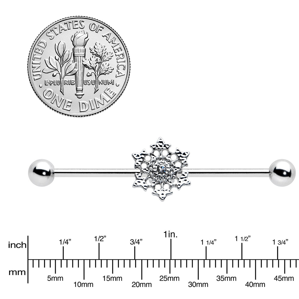 BodyCandy 14G Clear Gem Filigree Winter Snowflake Industrial Barbell 38mm — lifestyle context