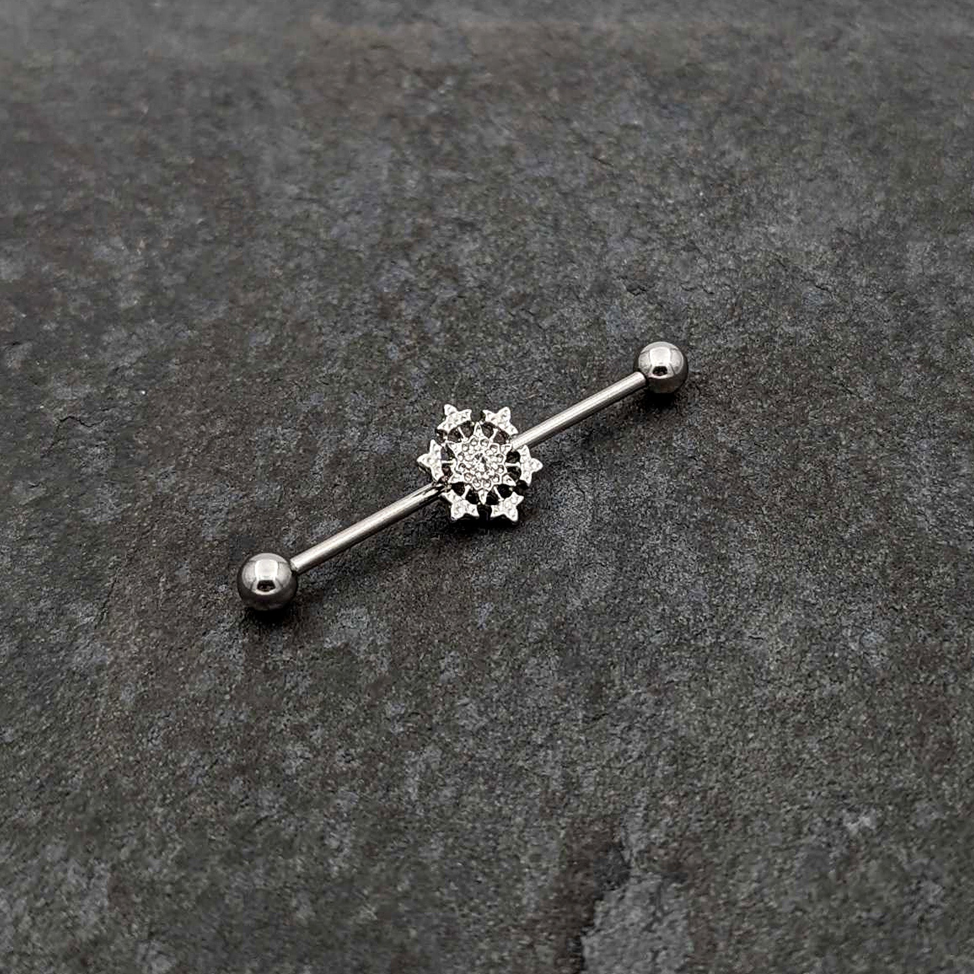 BodyCandy 14G Clear Gem Filigree Winter Snowflake Industrial Barbell 38mm — side view