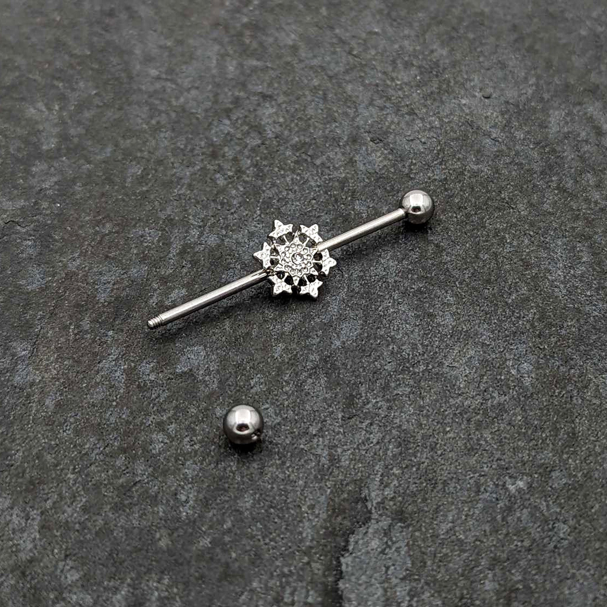 BodyCandy 14G Clear Gem Filigree Winter Snowflake Industrial Barbell 38mm — back view
