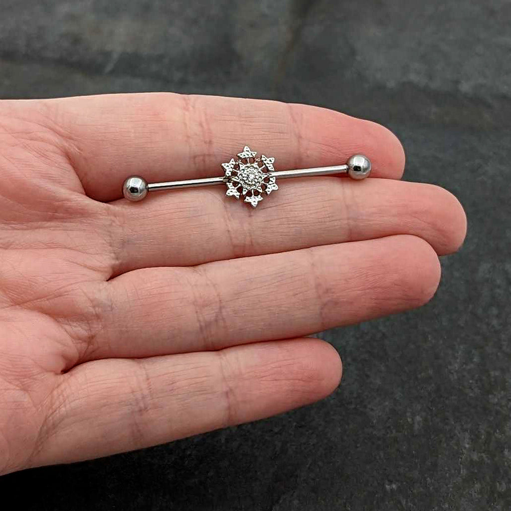 BodyCandy 14G Clear Gem Filigree Winter Snowflake Industrial Barbell 38mm — in-use photo