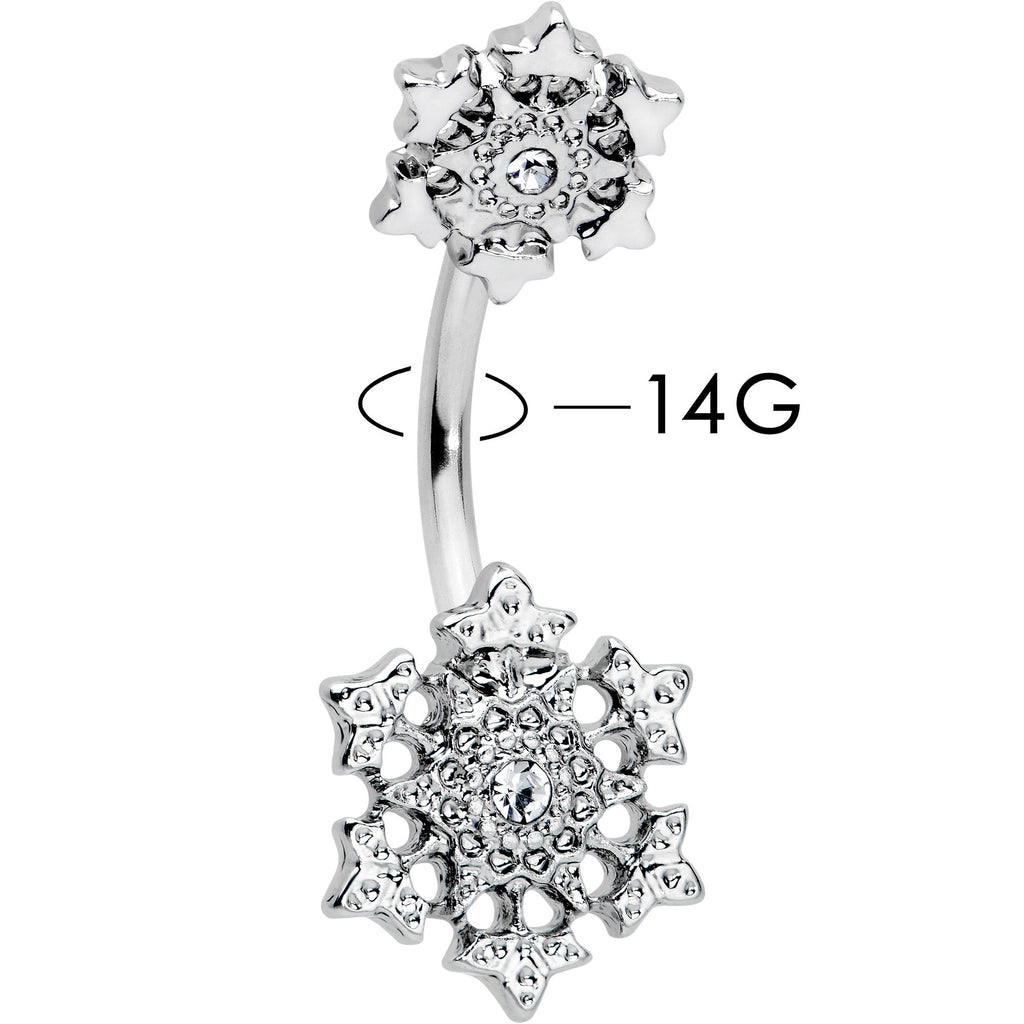 BodyCandy Clear Gem Filigree Winter Snowflakes Double Mount Belly Ring — detail close-up