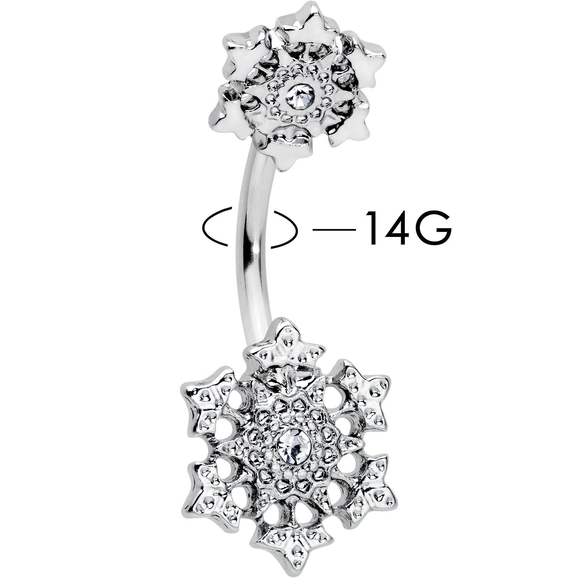 BodyCandy Clear Gem Filigree Winter Snowflakes Double Mount Belly Ring — detail close-up