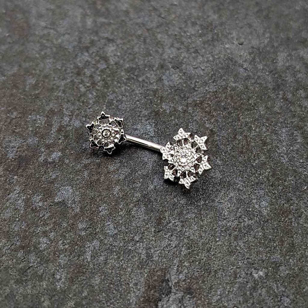 BodyCandy Clear Gem Filigree Winter Snowflakes Double Mount Belly Ring — side view
