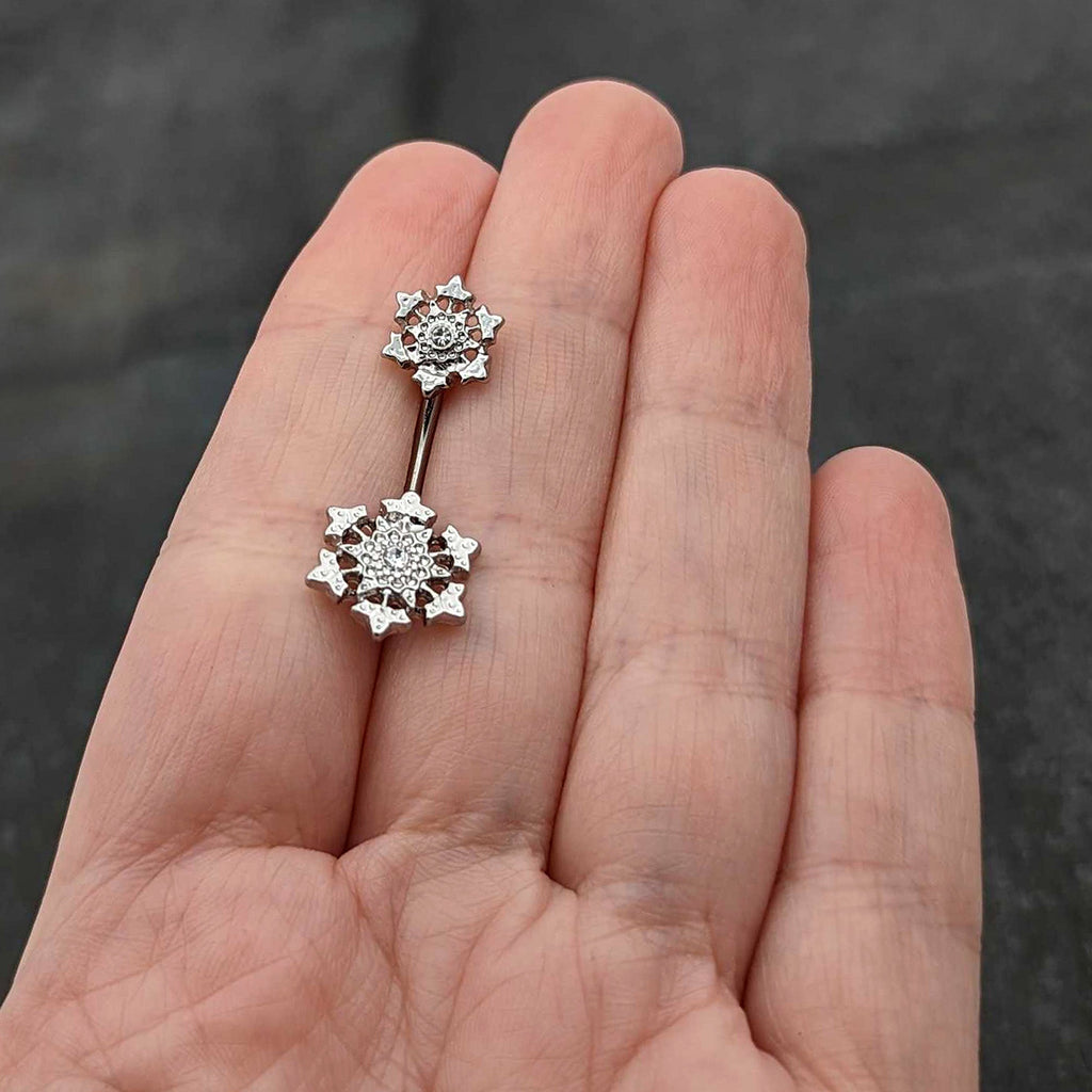 BodyCandy Clear Gem Filigree Winter Snowflakes Double Mount Belly Ring — in-use photo