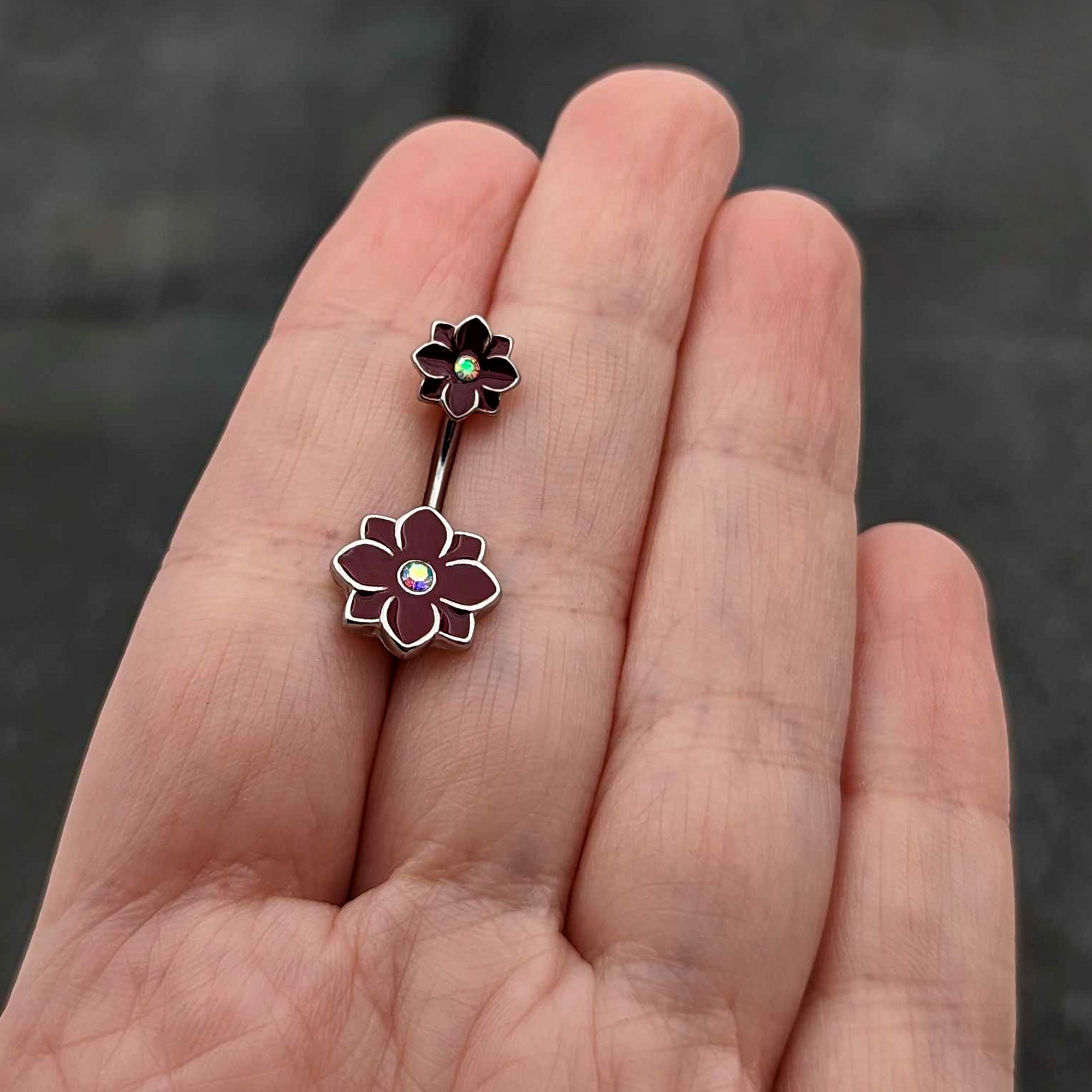 BodyCandy Aurora Gem Poinsettia Flower Festive Double Mount Belly Ring — in-use photo