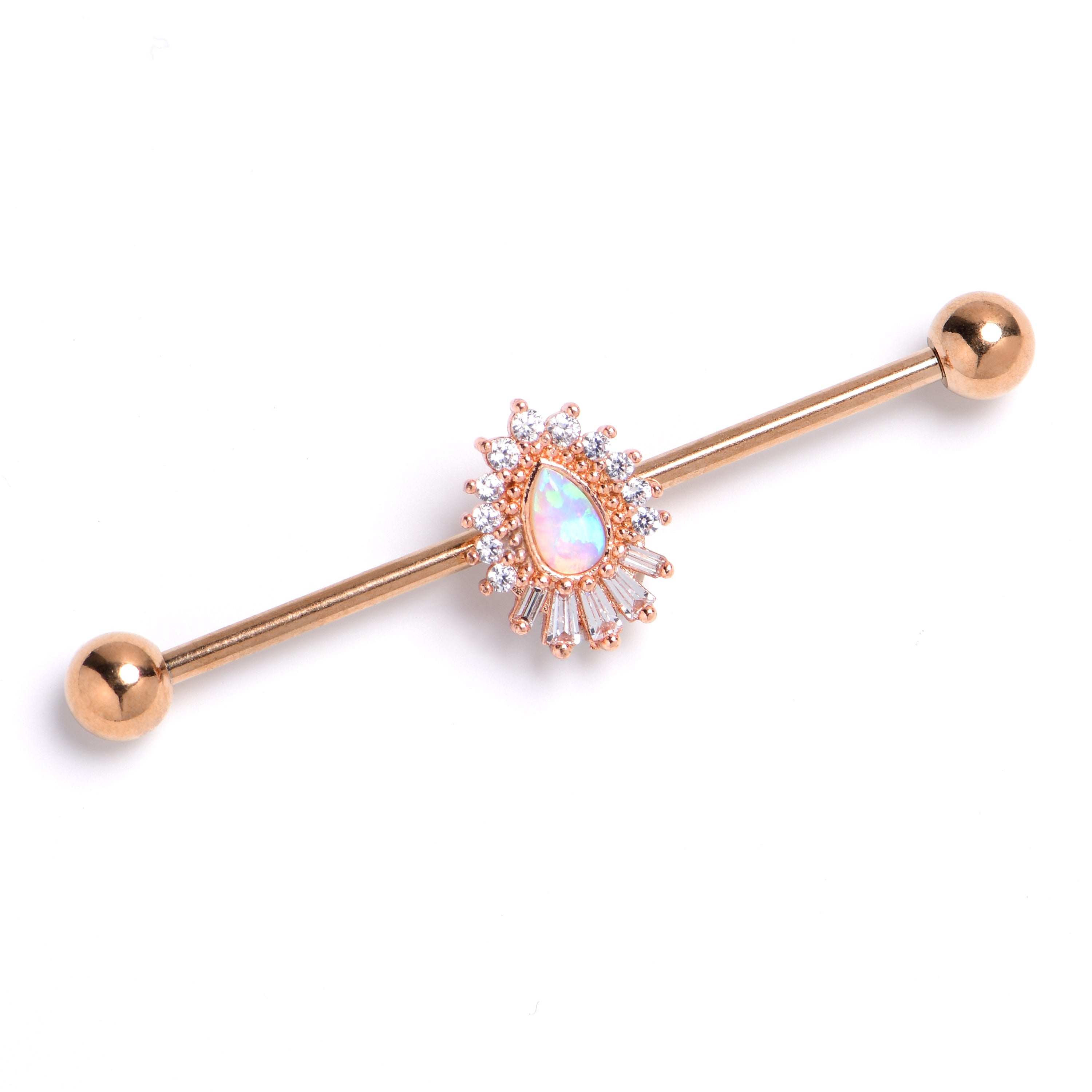 BodyCandy 14G White Synthetic Opal Rose Gold Tone Swank Industrial Barbell 38mm — main product shot