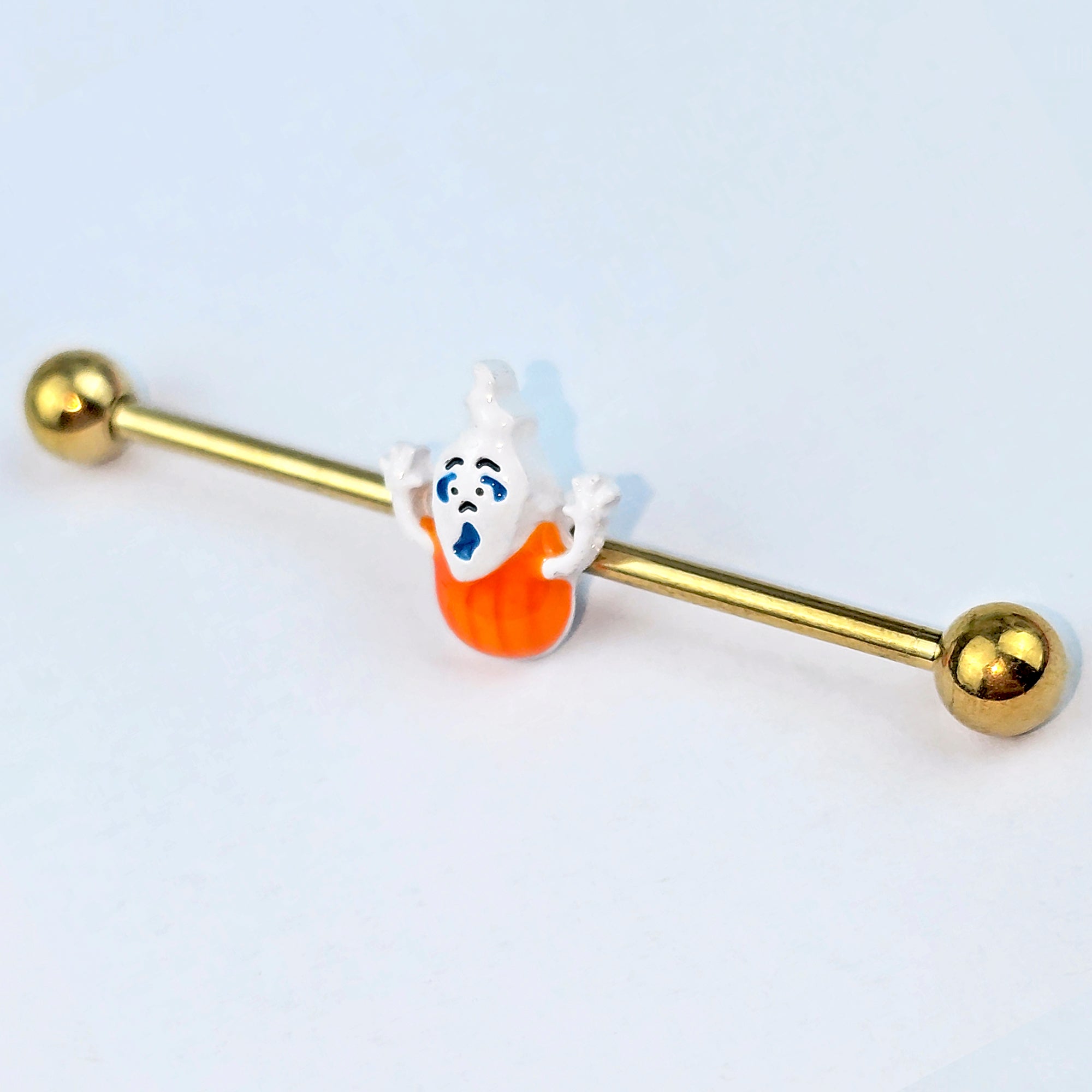 BodyCandy 14G Gold Tone Pumpkin Haunter Ghost Industrial Barbell 38mm — main product shot