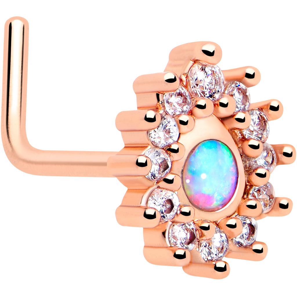 BodyCandy 20G 7mm White Synthetic Opal Rose Gold Tone Lush L Shape Nose Ring — main product shot