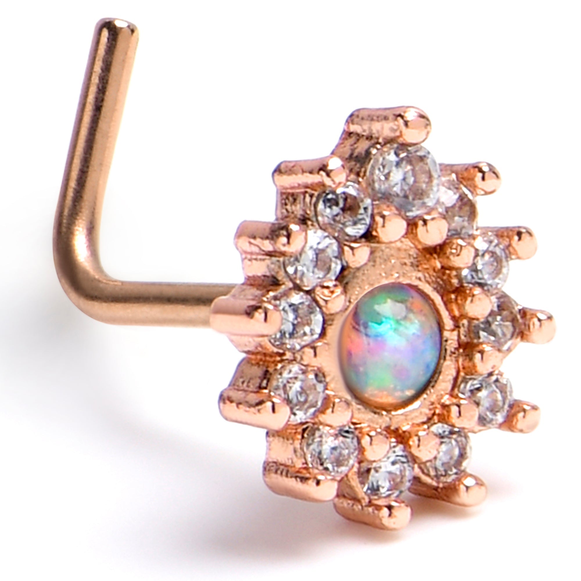 BodyCandy 20G 7mm White Synthetic Opal Rose Gold Tone Lush L Shape Nose Ring — alternative angle