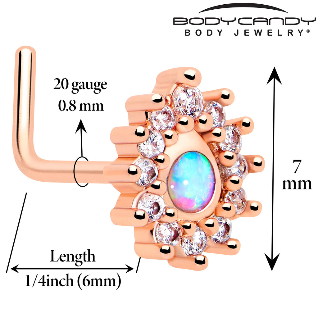 BodyCandy 20G 7mm White Synthetic Opal Rose Gold Tone Lush L Shape Nose Ring — detail close-up