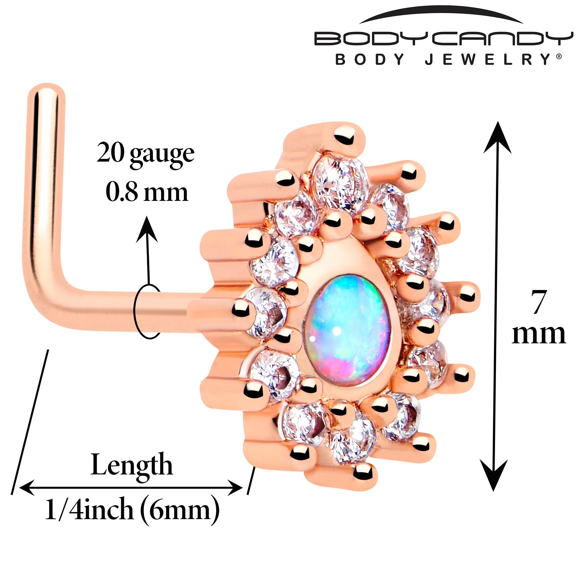 BodyCandy 20G 7mm White Synthetic Opal Rose Gold Tone Lush L Shape Nose Ring — detail close-up