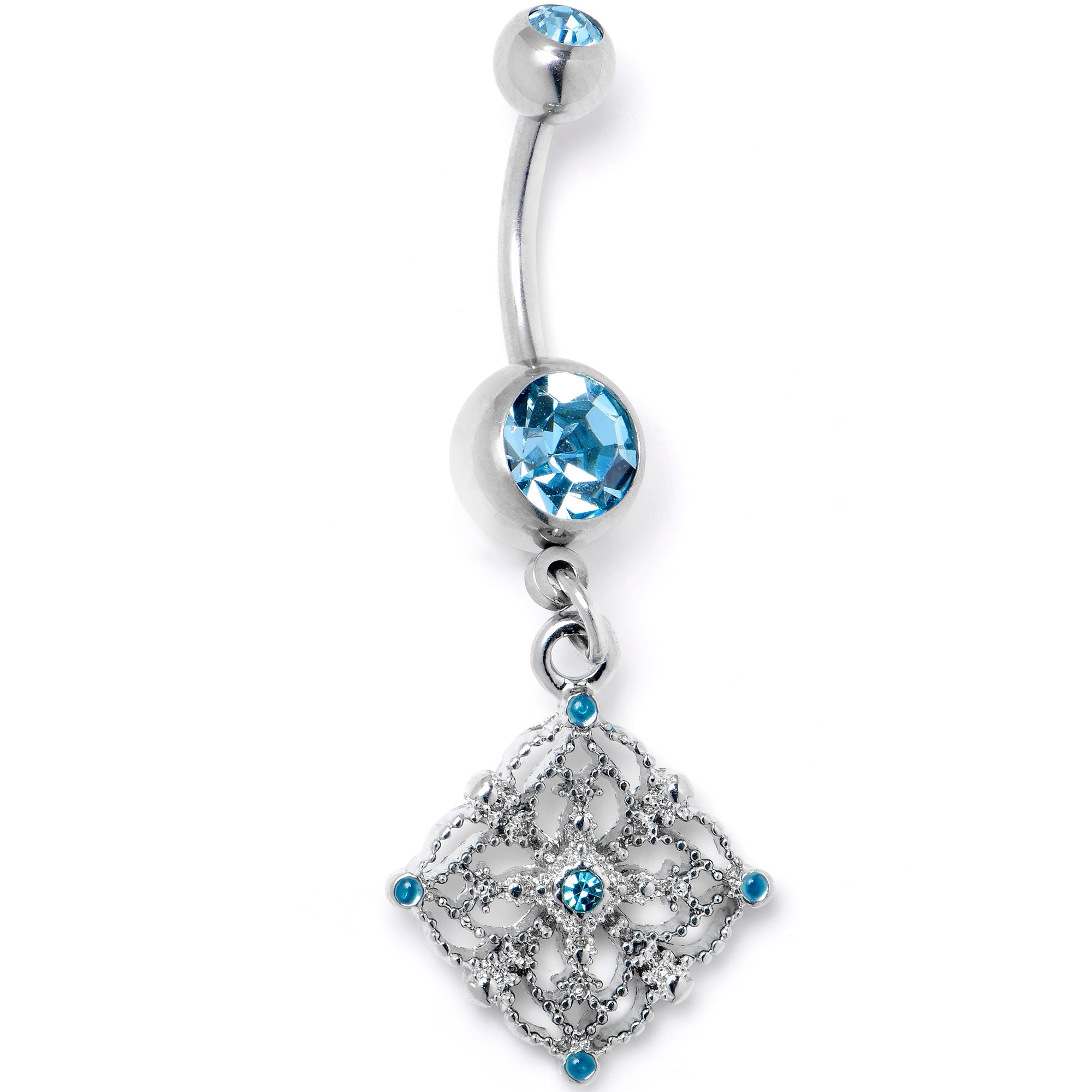 BodyCandy Blue Gem Filigree Rhombus Dangle Belly Ring — main product shot