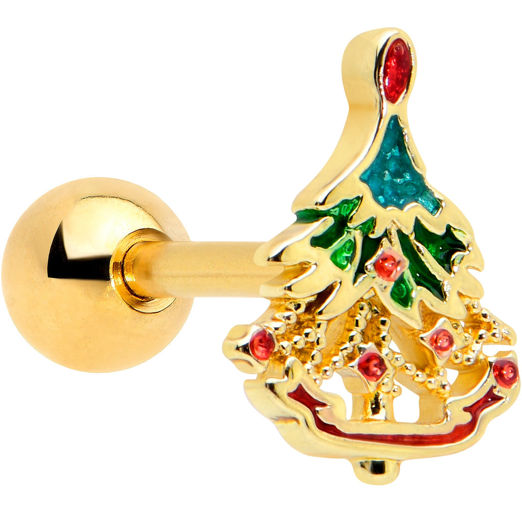 BodyCandy 16G 1/4 Red Gem Gold Tone Deco Holiday Tree Cartilage Earring — main product shot