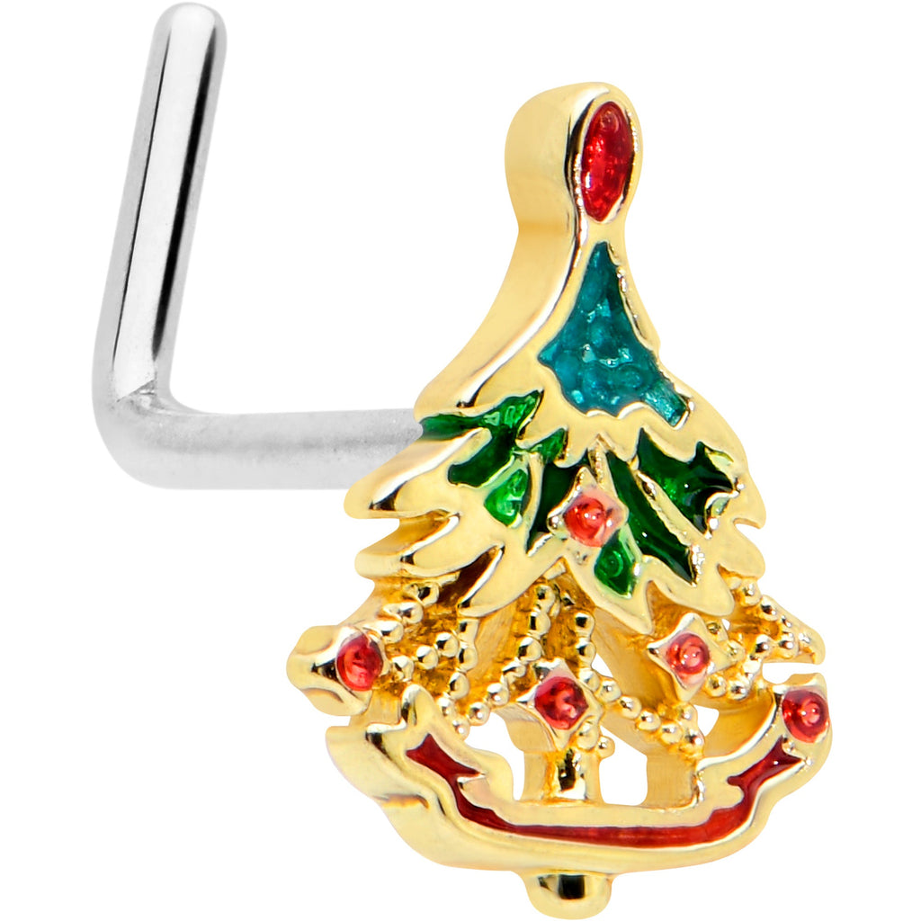 BodyCandy 20G 7mm Red Gem Deco Holiday Tree Golden L Shape Nose Ring — main product shot