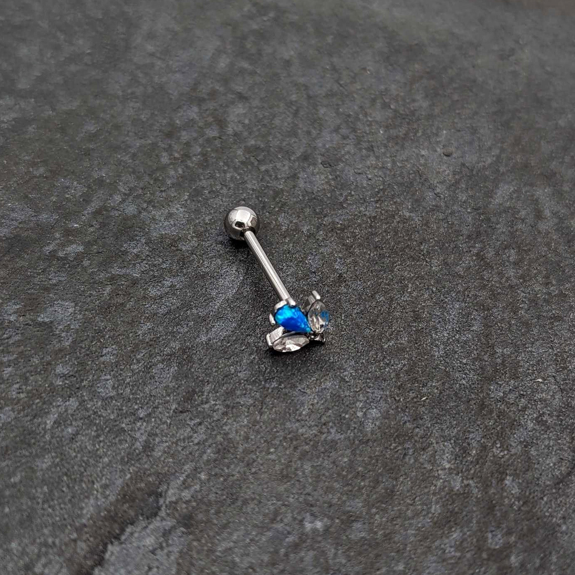 BodyCandy Blue Synthetic Opal Style Flower Barbell Tongue Ring — alternative angle