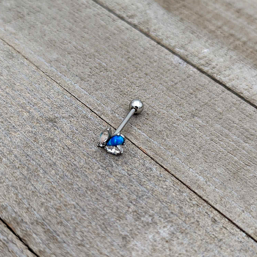 BodyCandy Blue Synthetic Opal Style Flower Barbell Tongue Ring — in-use photo
