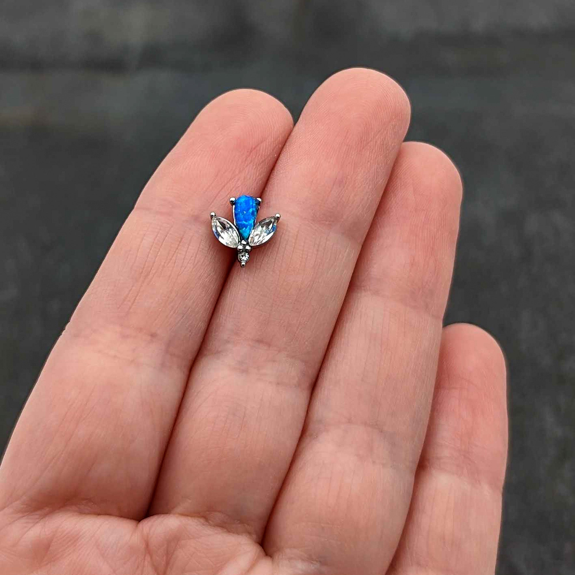 BodyCandy Blue Synthetic Opal Style Flower Barbell Tongue Ring — size reference