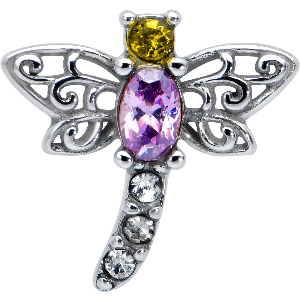 BodyCandy Purple Yellow Clear Gem Dragonfly Barbell Tongue Ring — detail close-up
