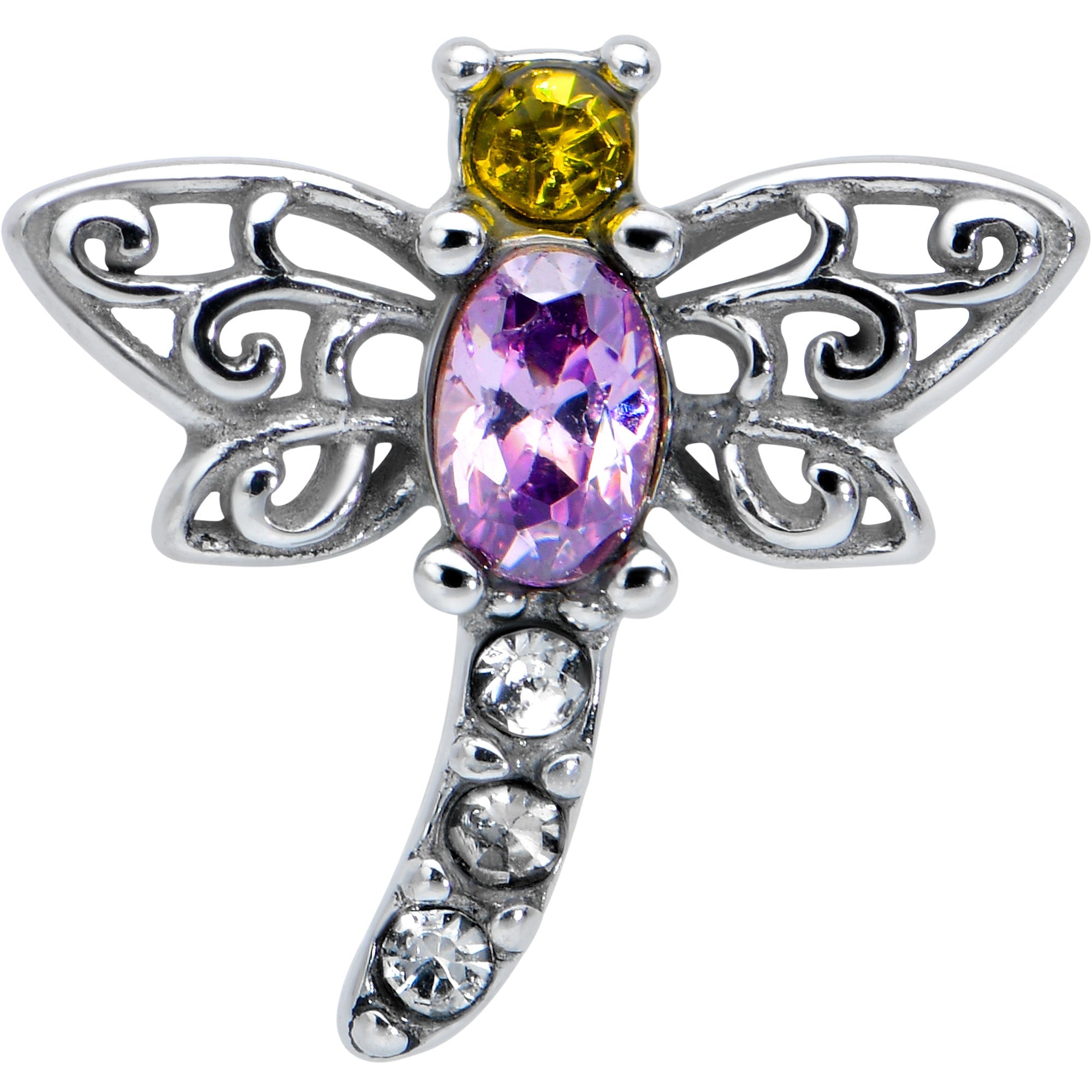 BodyCandy Purple Yellow Clear Gem Dragonfly Barbell Tongue Ring — detail close-up