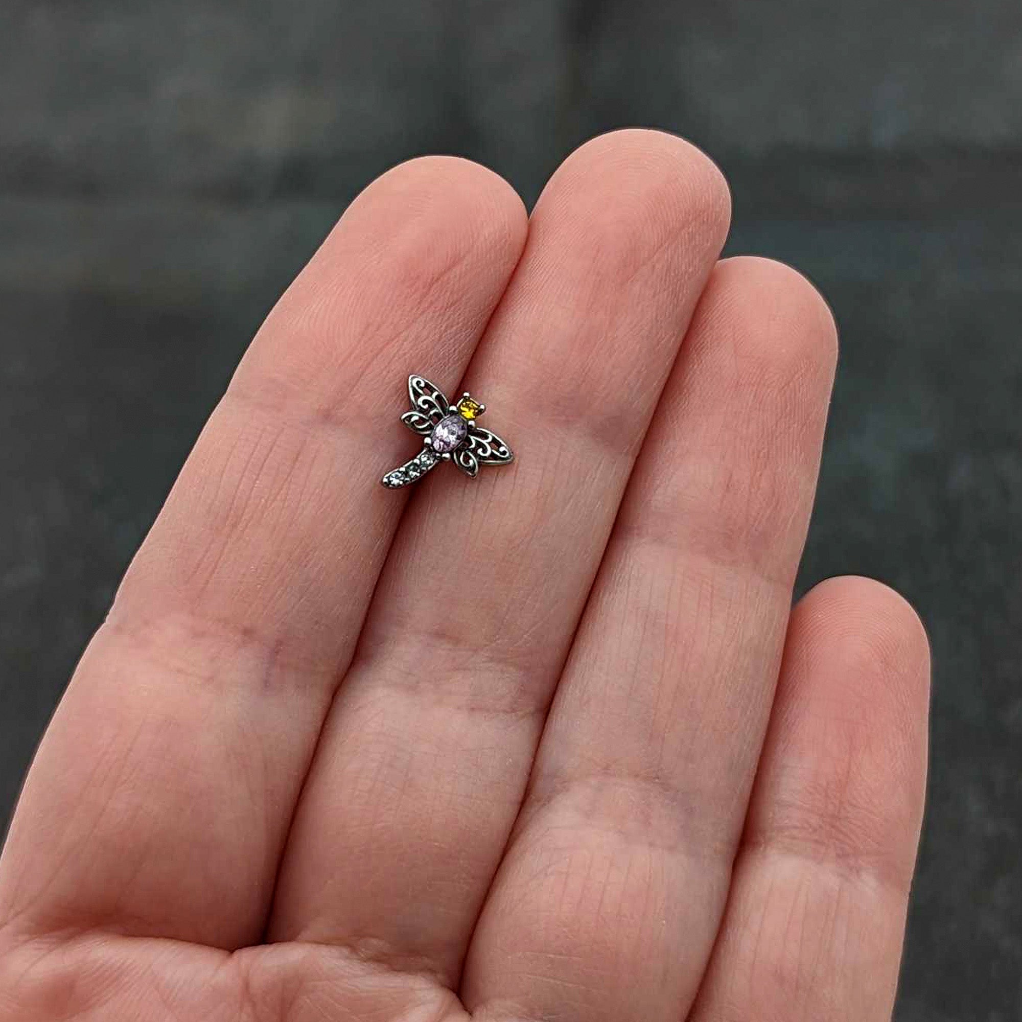 BodyCandy Purple Yellow Clear Gem Dragonfly Barbell Tongue Ring — size reference