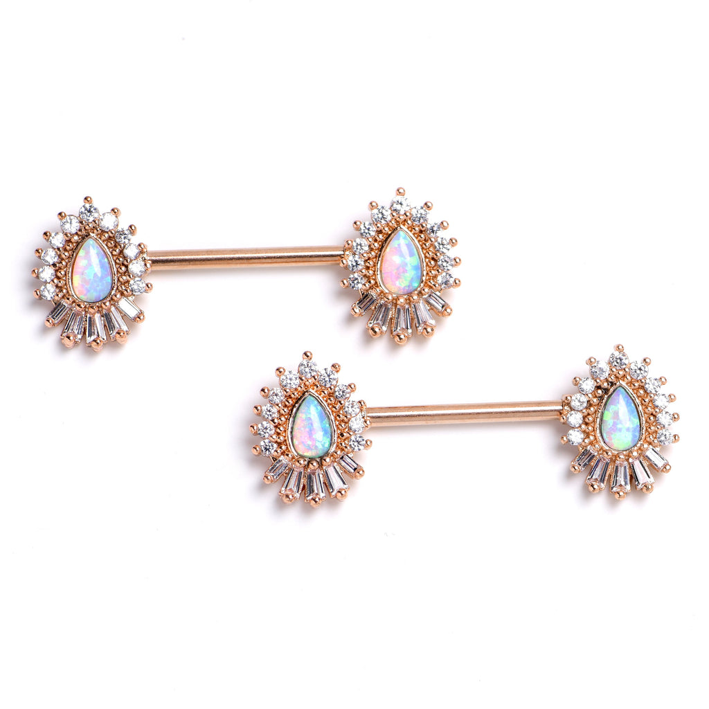 BodyCandy 14G 9/16 White Synthetic Opal Rose Gold Tone Barbell Nipple Ring Set — main product shot