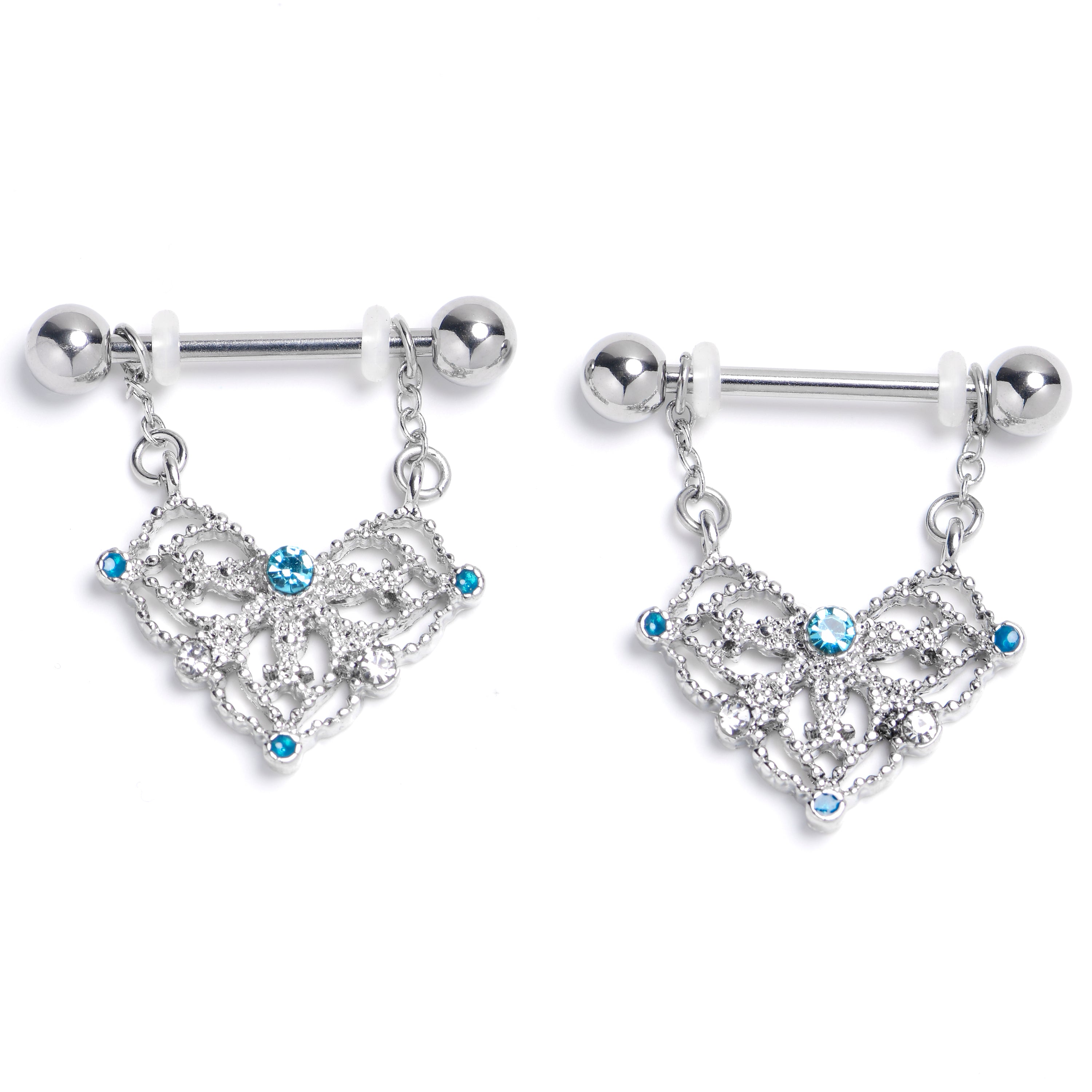 BodyCandy 14G 9/16 Blue Gem Lacy Rhombus Chain Dangle Nipple Ring Set — main product shot