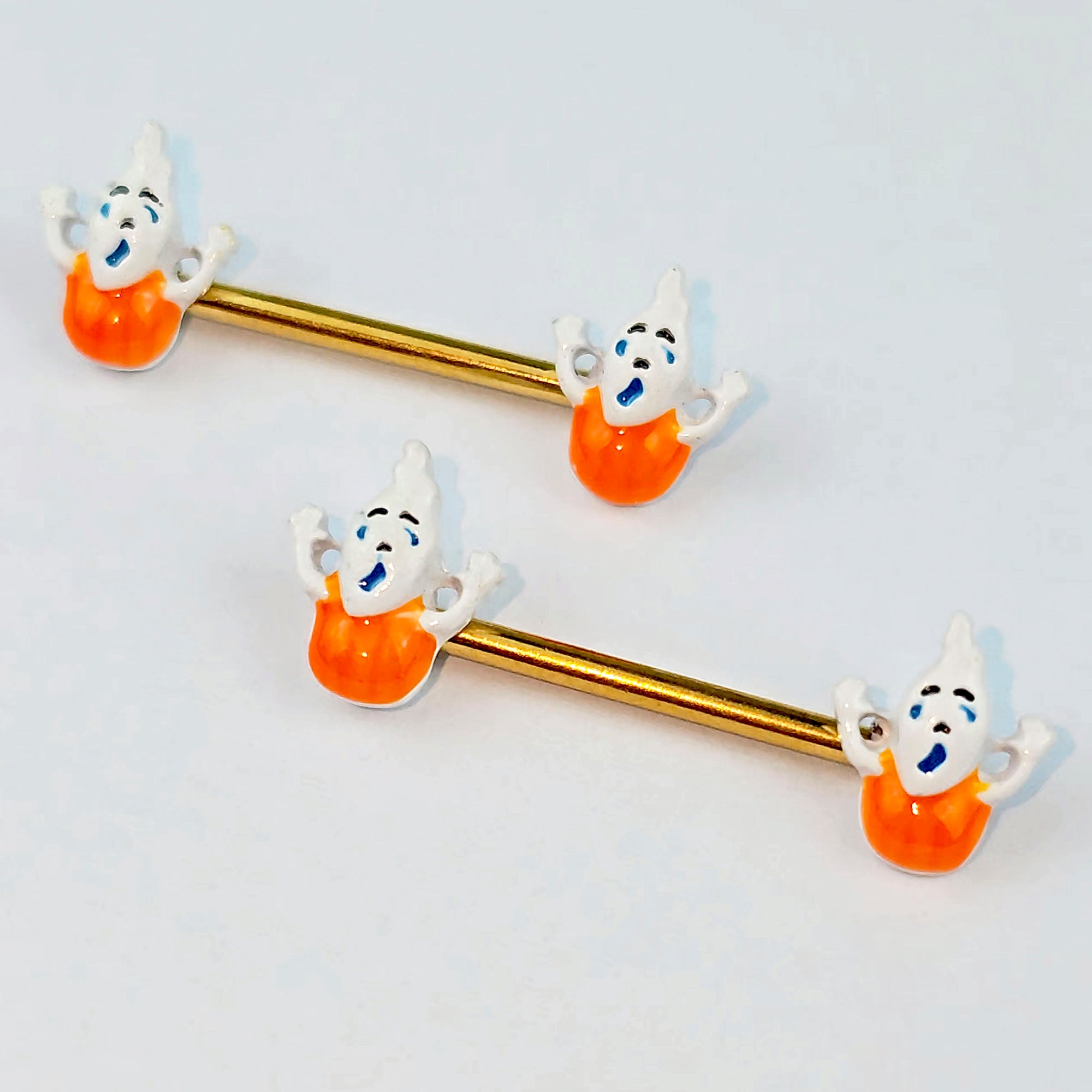 BodyCandy 14G 9/16 Gold Tone Pumpkin Haunter Ghost Barbell Nipple Ring Set — main product shot