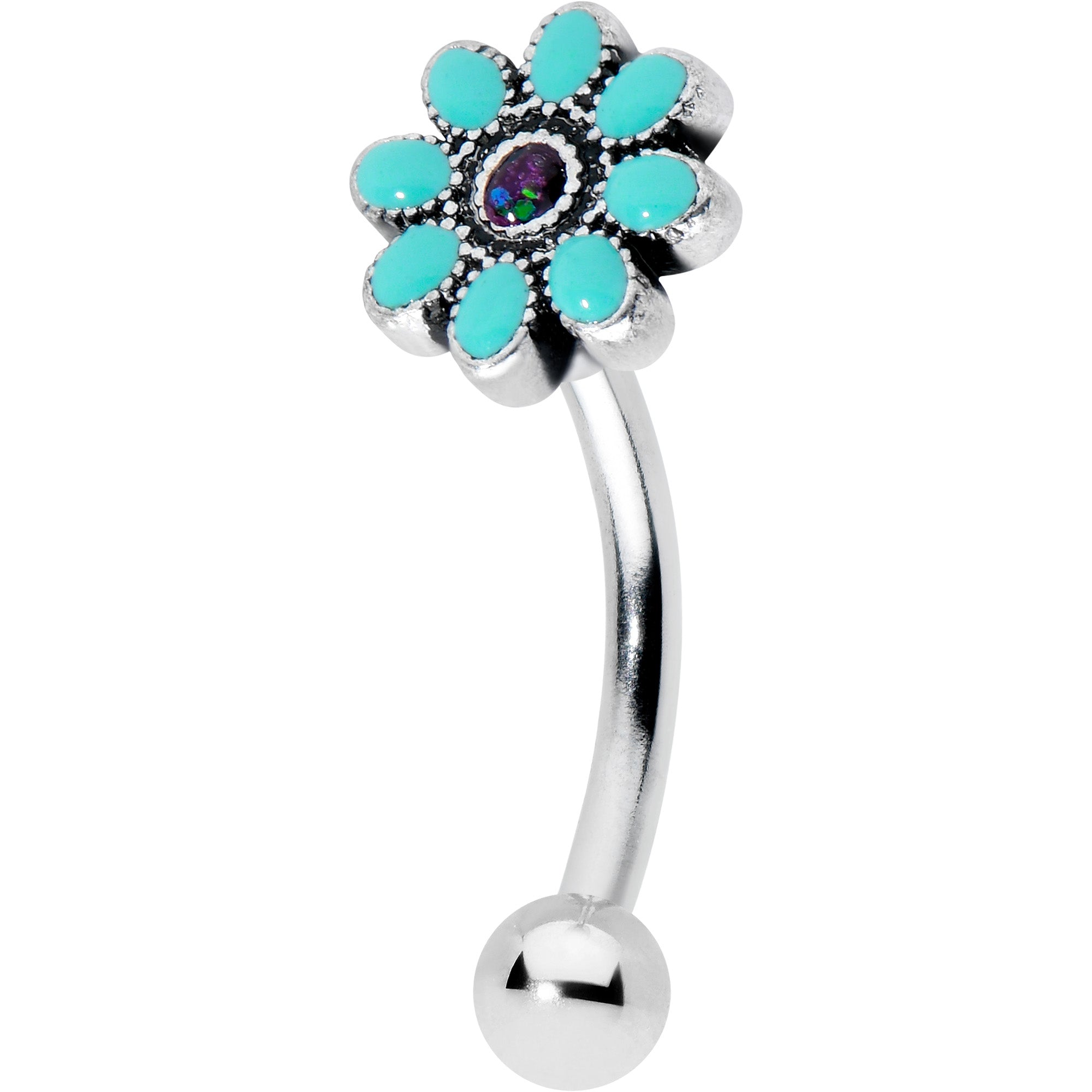 BodyCandy 16G 5/16 Blue Gem Flower Teal Petals Curved Eyebrow Ring — main product shot