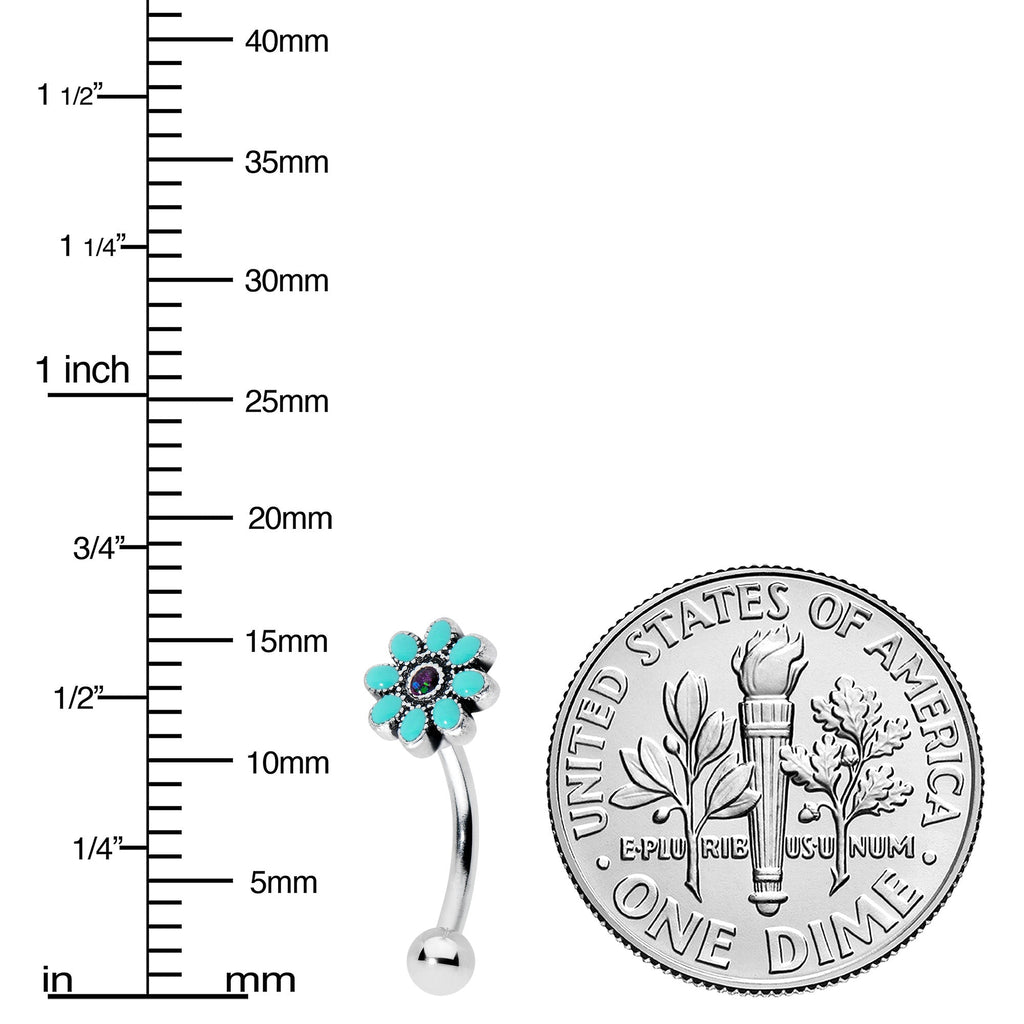 BodyCandy 16G 5/16 Blue Gem Flower Teal Petals Curved Eyebrow Ring — detail close-up