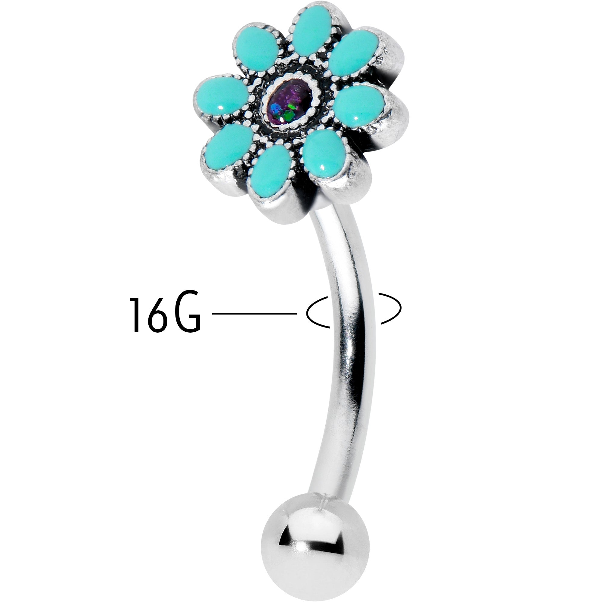 BodyCandy 16G 5/16 Blue Gem Flower Teal Petals Curved Eyebrow Ring — lifestyle context