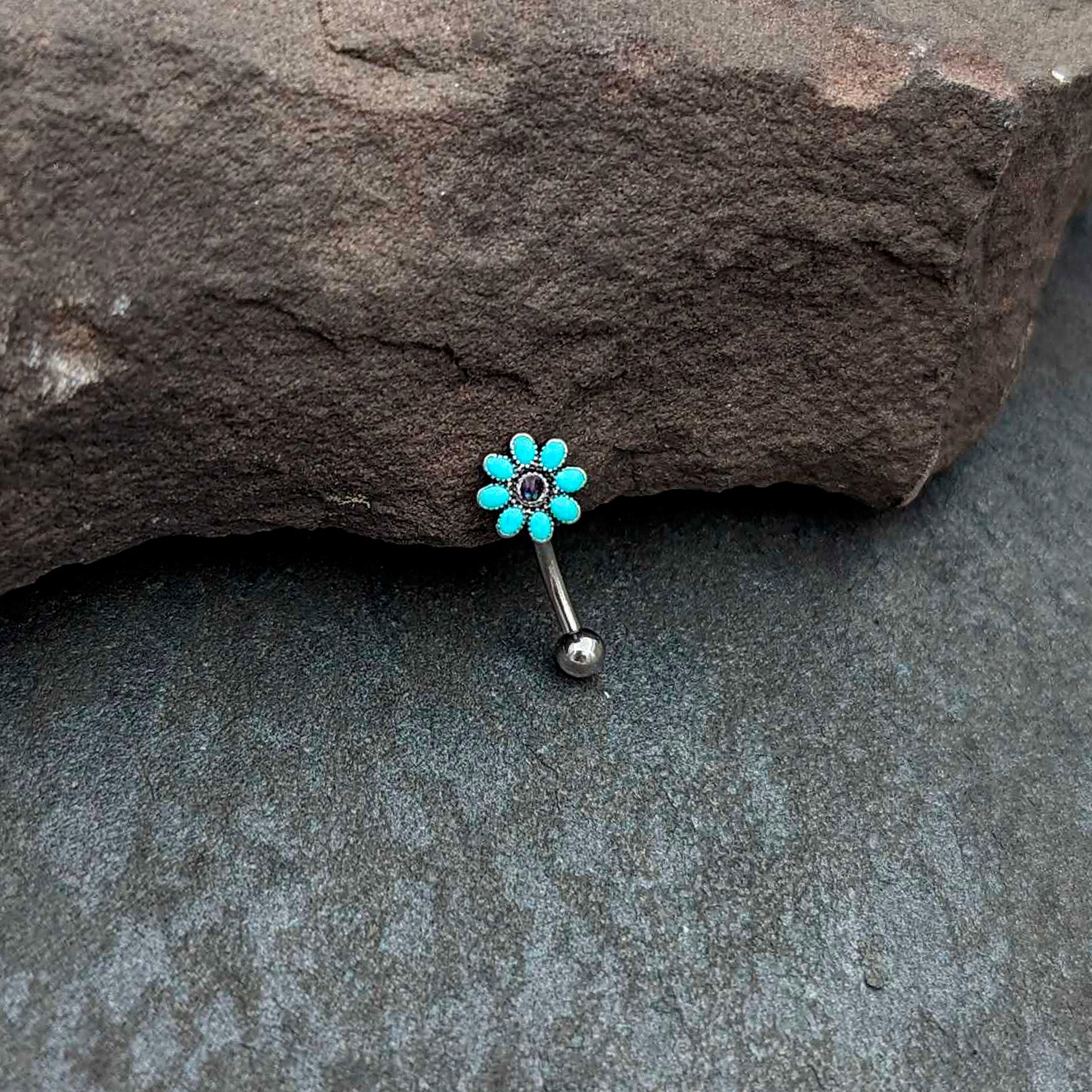 BodyCandy 16G 5/16 Blue Gem Flower Teal Petals Curved Eyebrow Ring — side view