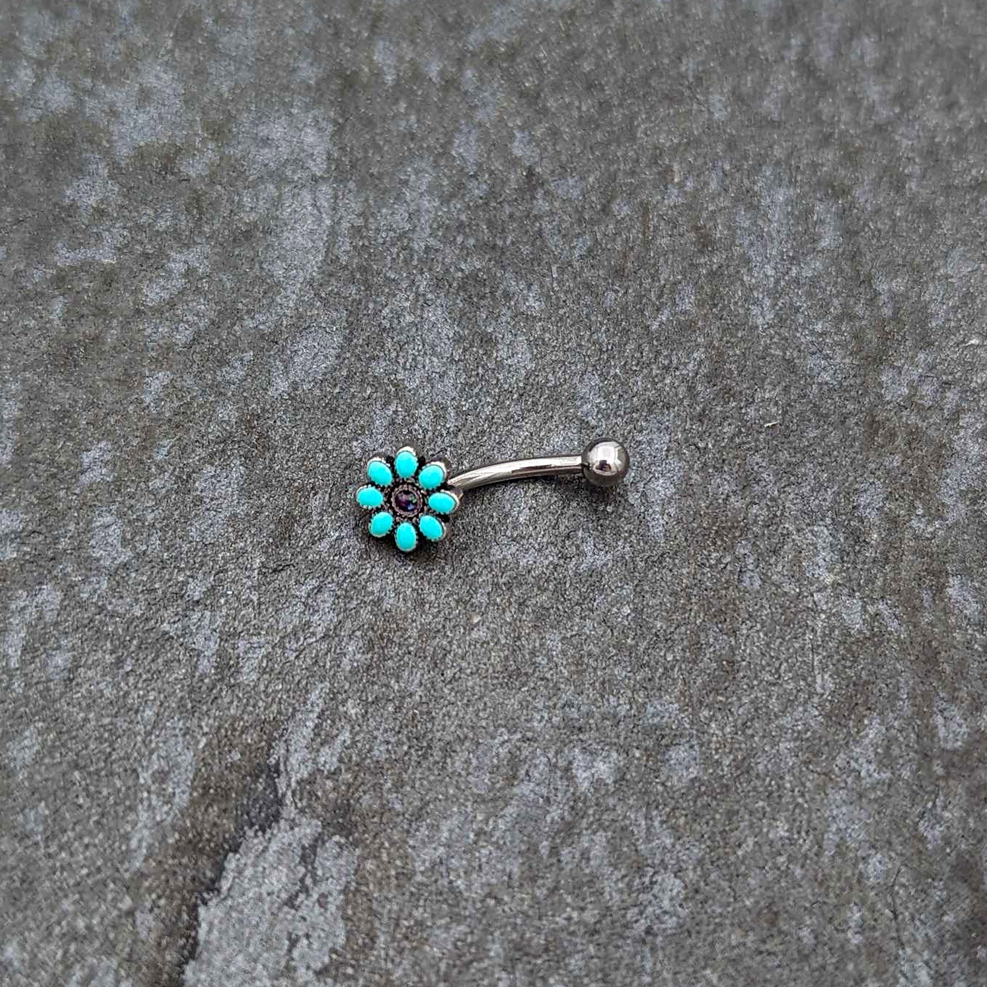 BodyCandy 16G 5/16 Blue Gem Flower Teal Petals Curved Eyebrow Ring — back view