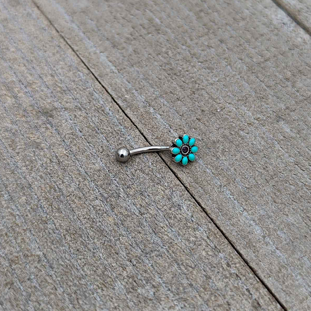 BodyCandy 16G 5/16 Blue Gem Flower Teal Petals Curved Eyebrow Ring — alternative angle