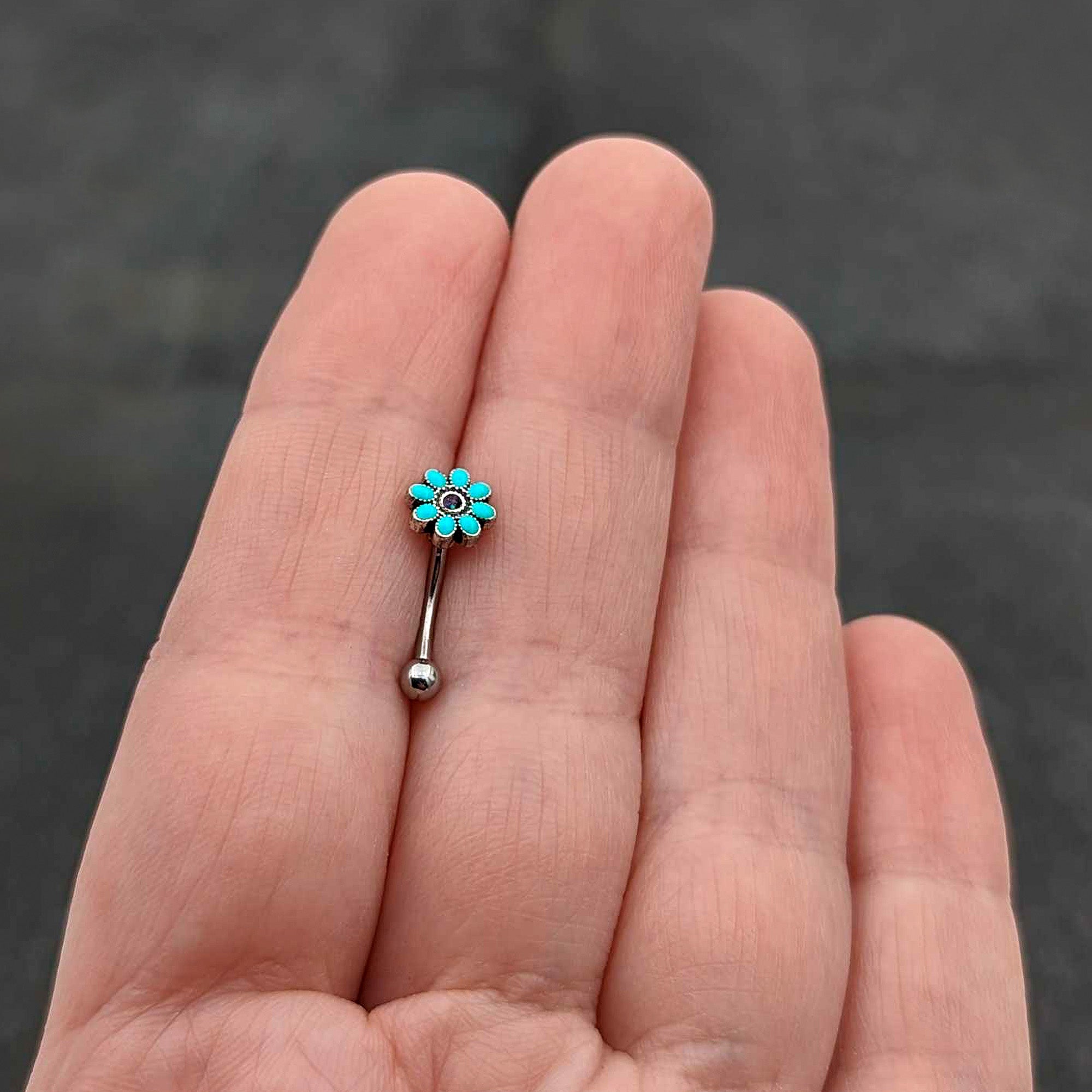 BodyCandy 16G 5/16 Blue Gem Flower Teal Petals Curved Eyebrow Ring — size reference