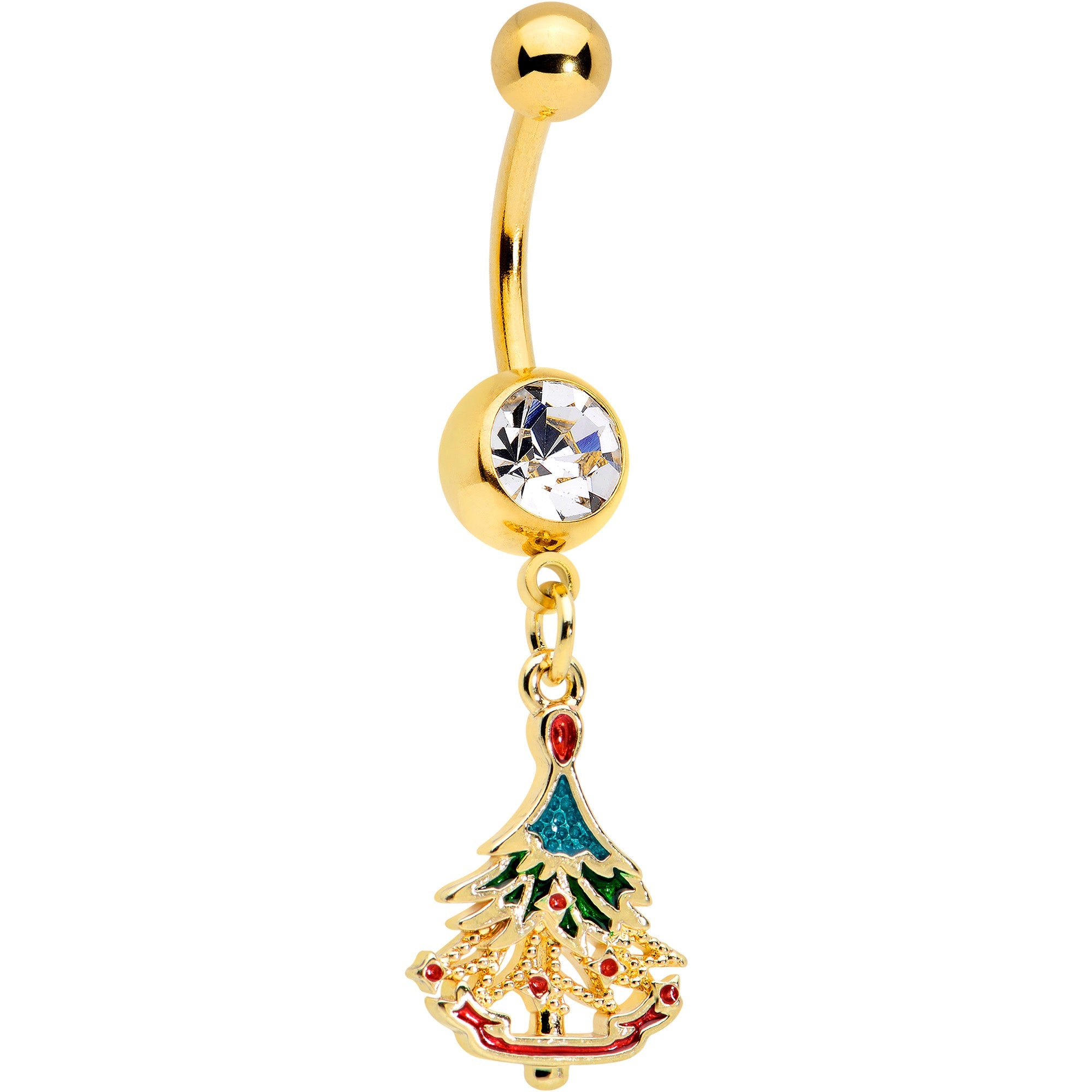 BodyCandy Clear Red Gem Gold Tone Decorated Holiday Tree Dangle Belly Ring — main product shot