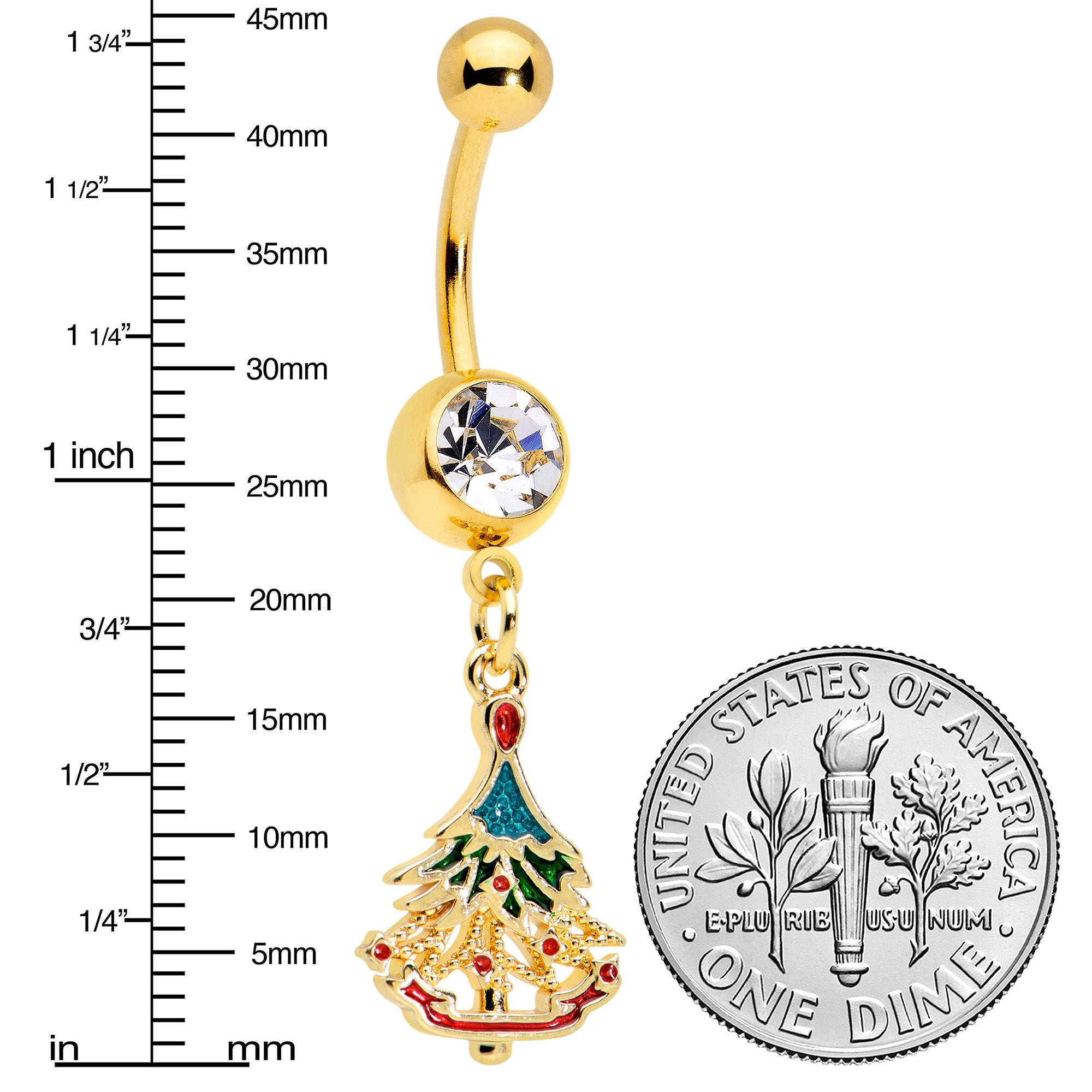 BodyCandy Clear Red Gem Gold Tone Decorated Holiday Tree Dangle Belly Ring — detail close-up