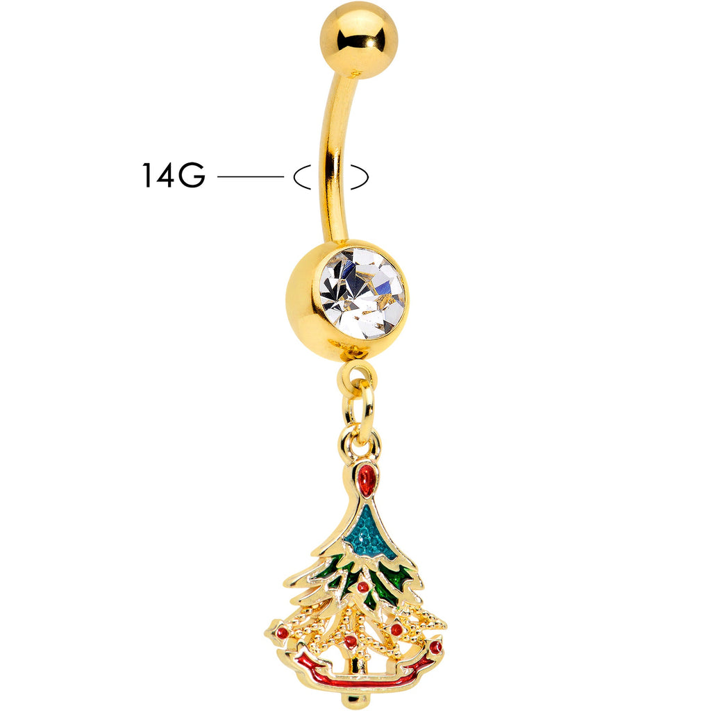 BodyCandy Clear Red Gem Gold Tone Decorated Holiday Tree Dangle Belly Ring — lifestyle context