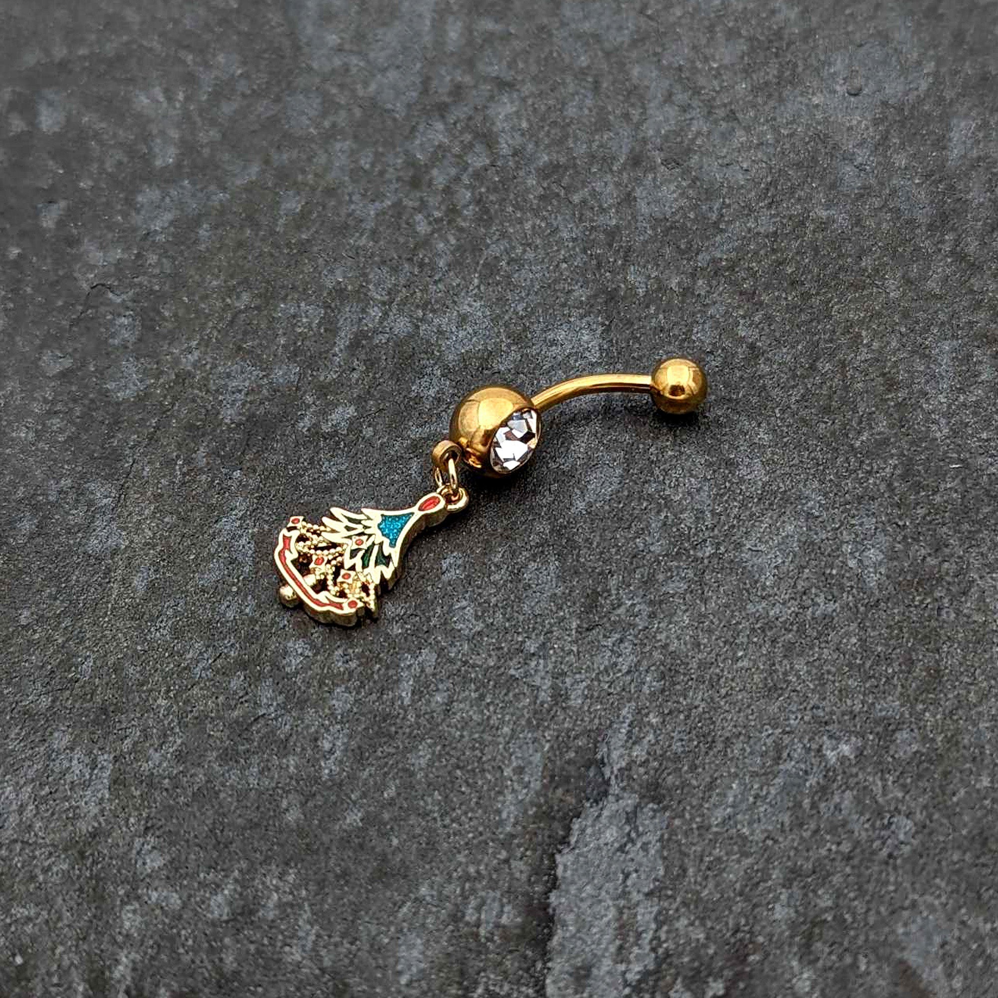 BodyCandy Clear Red Gem Gold Tone Decorated Holiday Tree Dangle Belly Ring — side view