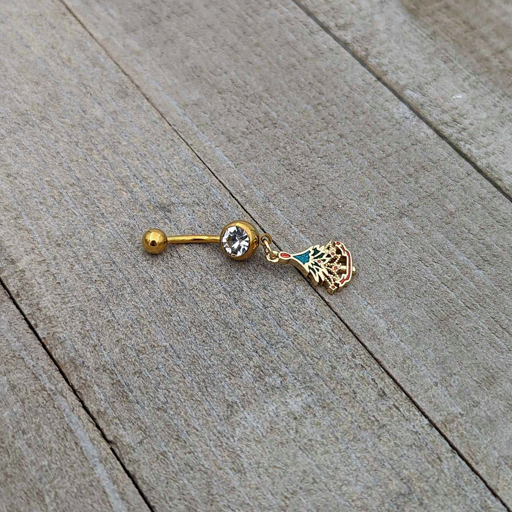 BodyCandy Clear Red Gem Gold Tone Decorated Holiday Tree Dangle Belly Ring — back view