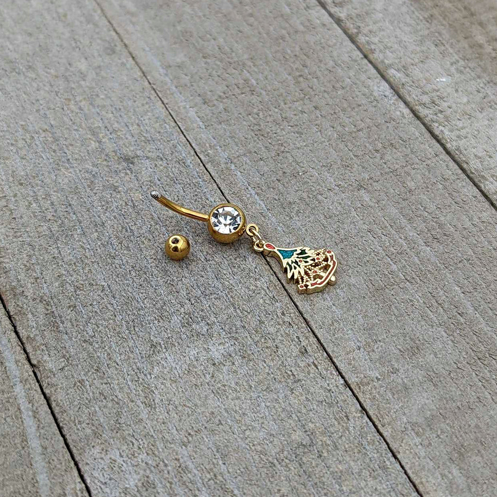 BodyCandy Clear Red Gem Gold Tone Decorated Holiday Tree Dangle Belly Ring — alternative angle