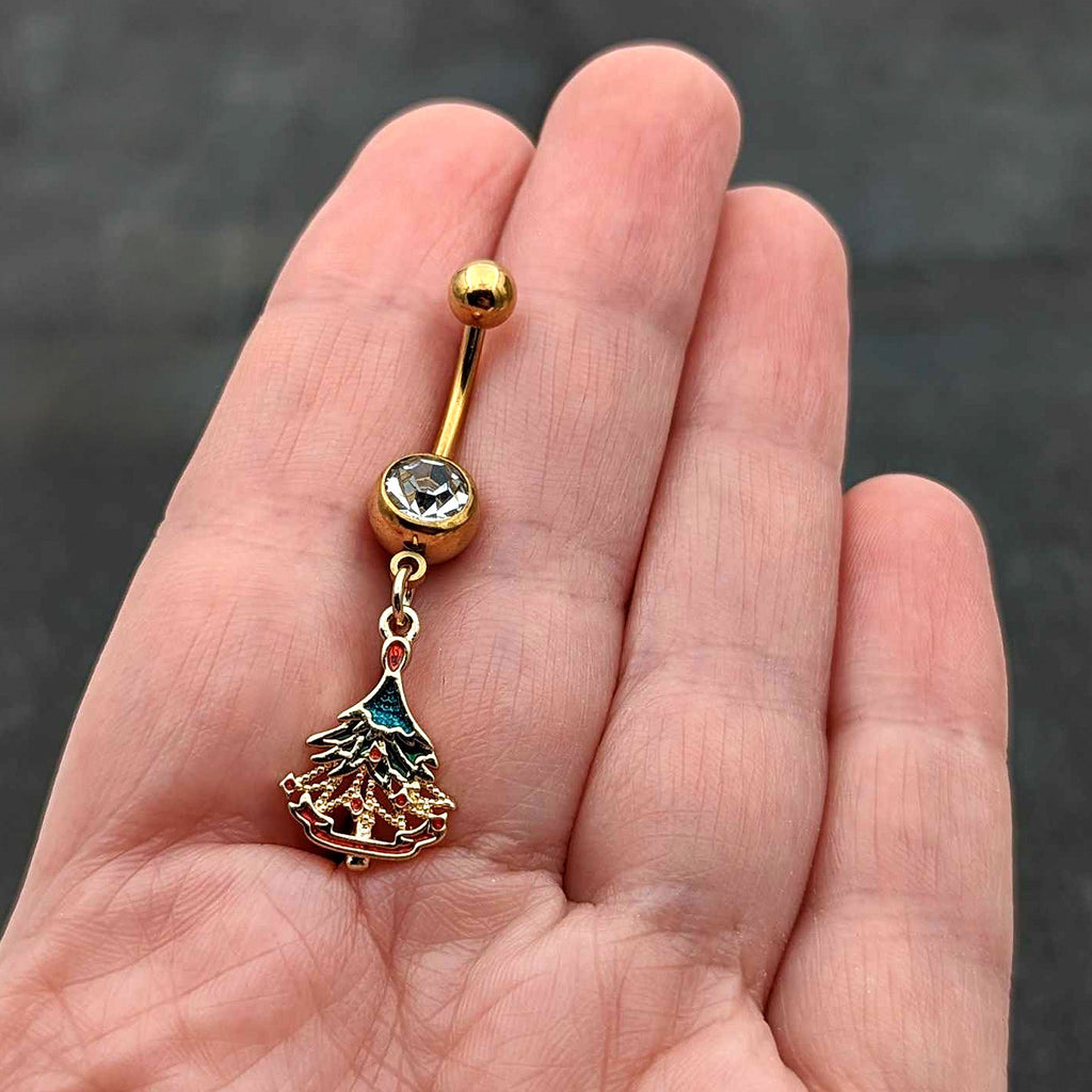 BodyCandy Clear Red Gem Gold Tone Decorated Holiday Tree Dangle Belly Ring — in-use photo
