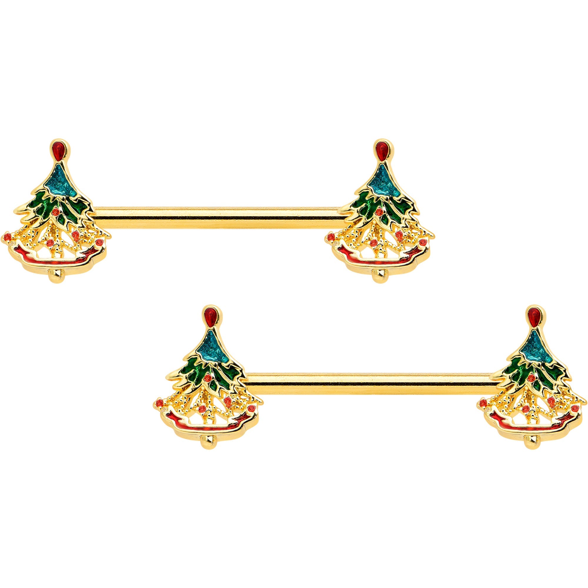 BodyCandy 14G 9/16 Red Gem Gold Hue Deco Holiday Tree Barbell Nipple Ring Set — main product shot