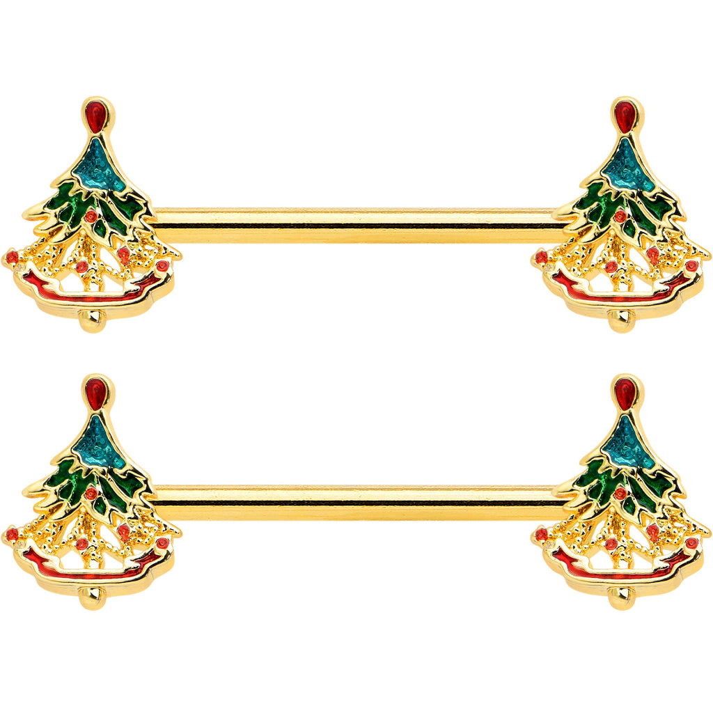 BodyCandy 14G 9/16 Red Gem Gold Hue Deco Holiday Tree Barbell Nipple Ring Set — detail close-up