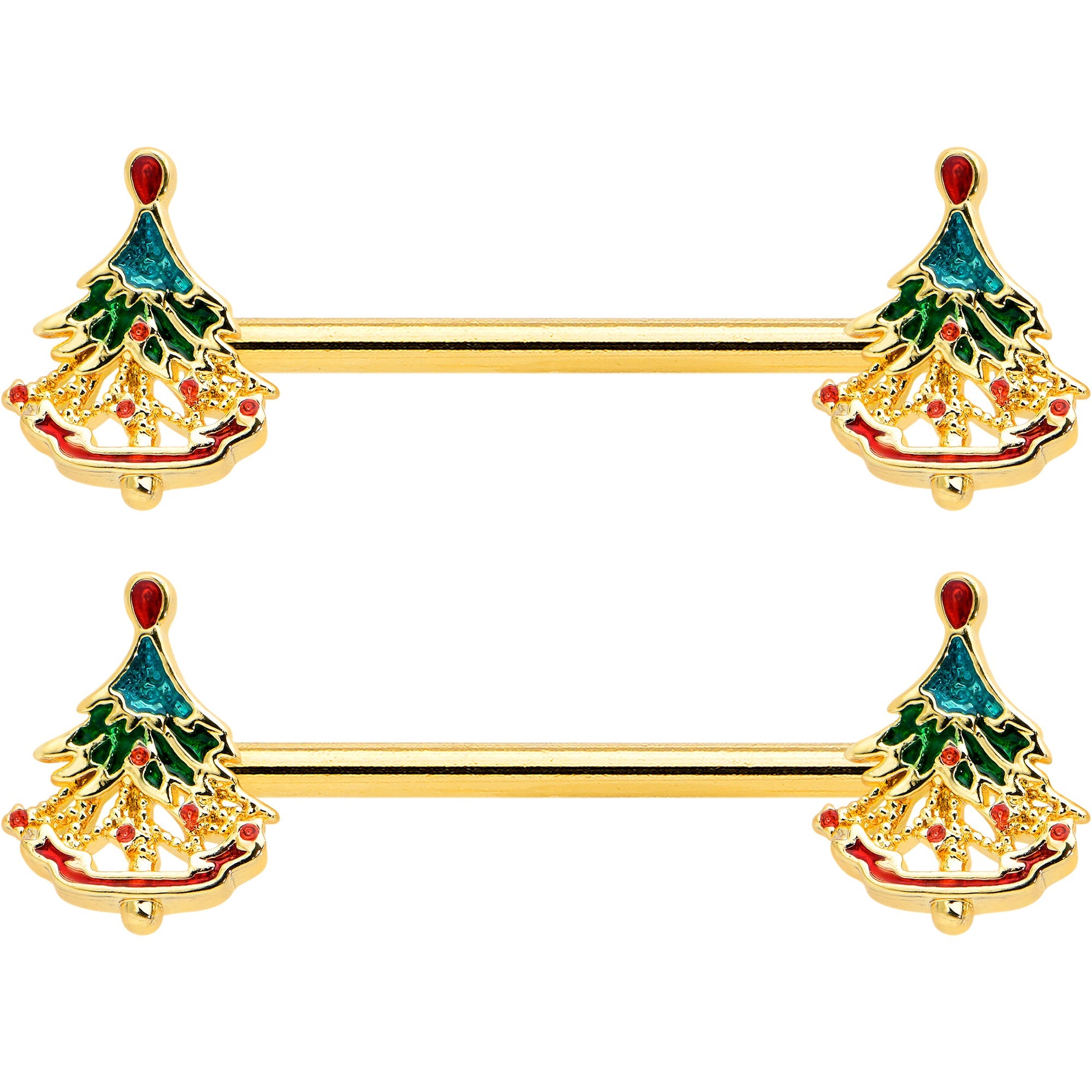 BodyCandy 14G 9/16 Red Gem Gold Hue Deco Holiday Tree Barbell Nipple Ring Set — detail close-up