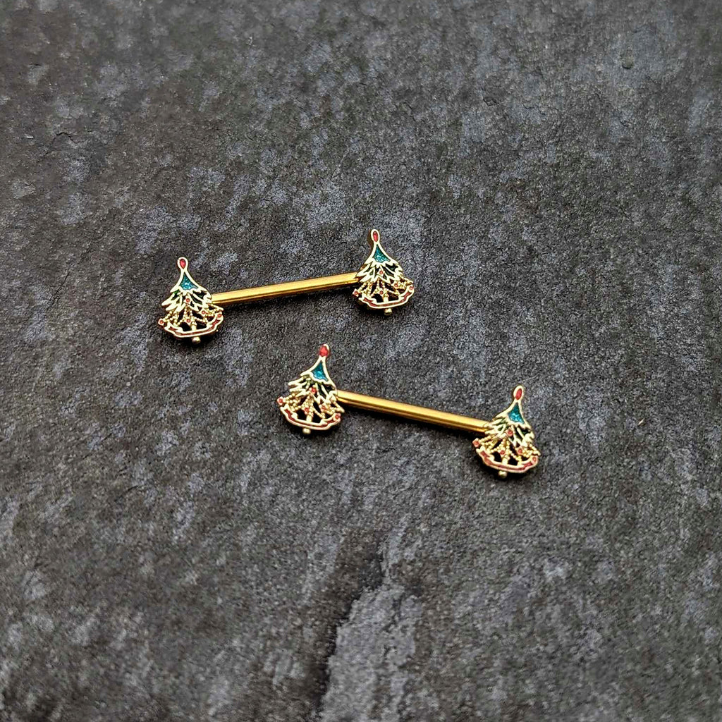 BodyCandy 14G 9/16 Red Gem Gold Hue Deco Holiday Tree Barbell Nipple Ring Set — side view