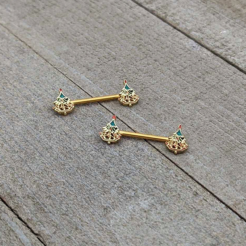 BodyCandy 14G 9/16 Red Gem Gold Hue Deco Holiday Tree Barbell Nipple Ring Set — back view