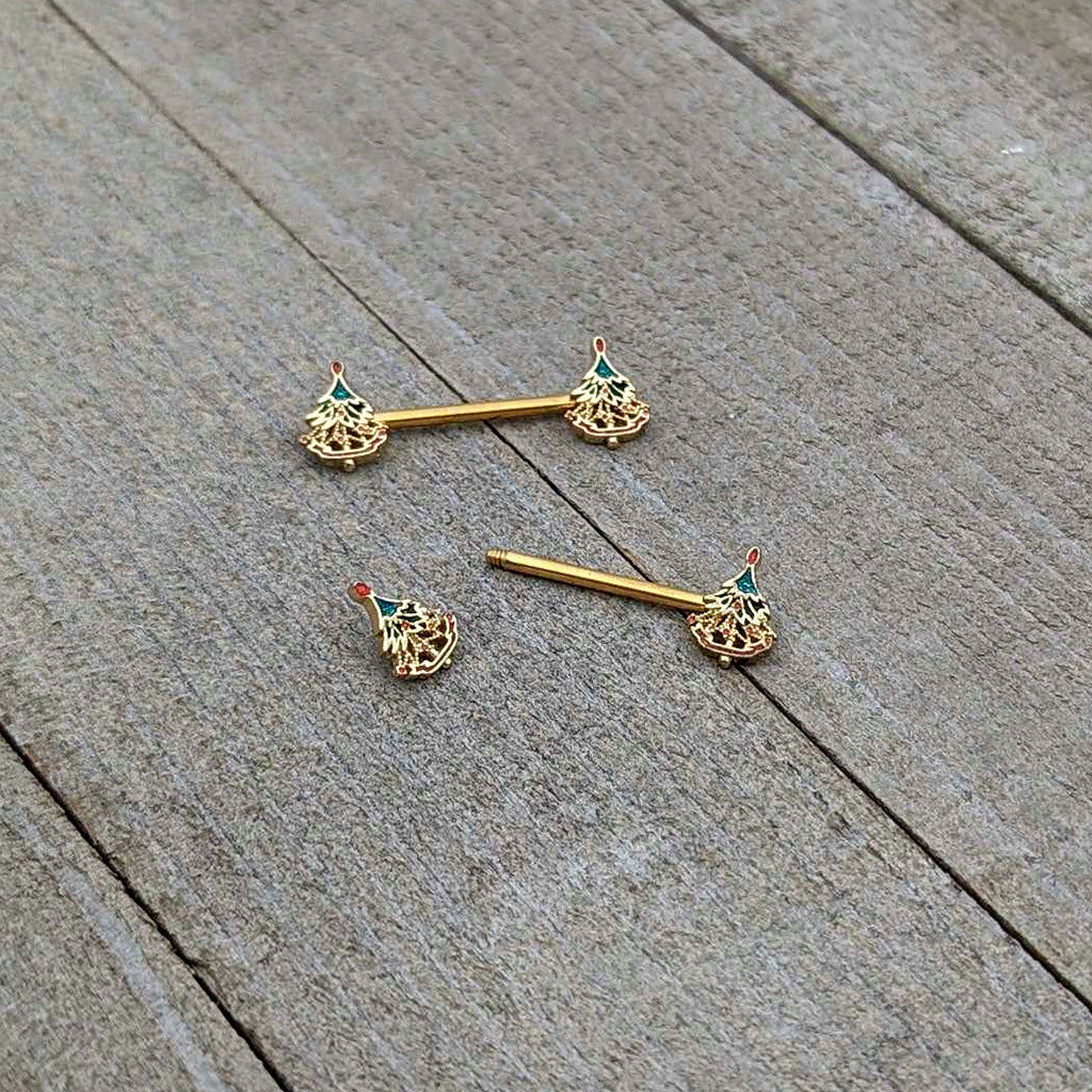BodyCandy 14G 9/16 Red Gem Gold Hue Deco Holiday Tree Barbell Nipple Ring Set — alternative angle