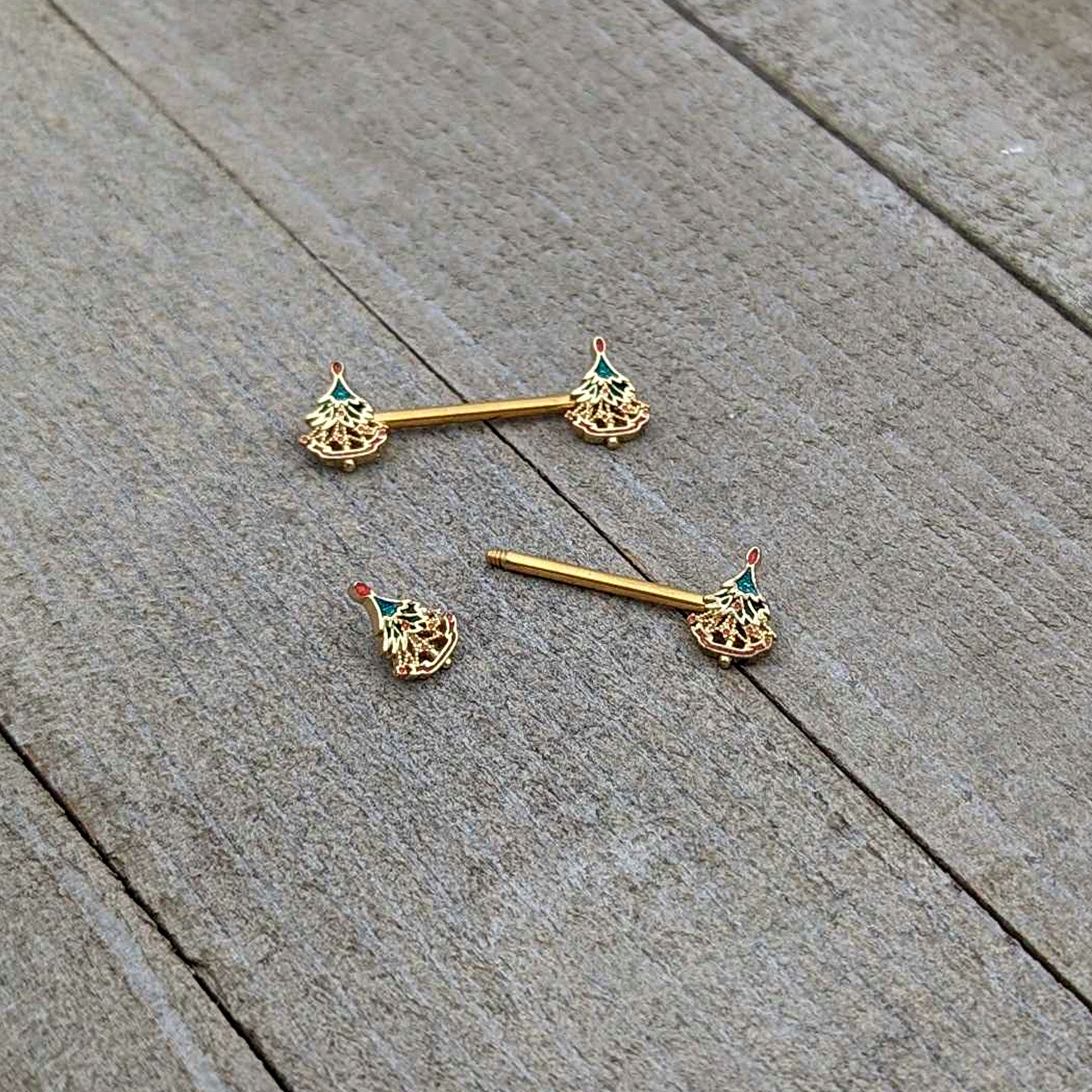 BodyCandy 14G 9/16 Red Gem Gold Hue Deco Holiday Tree Barbell Nipple Ring Set — alternative angle